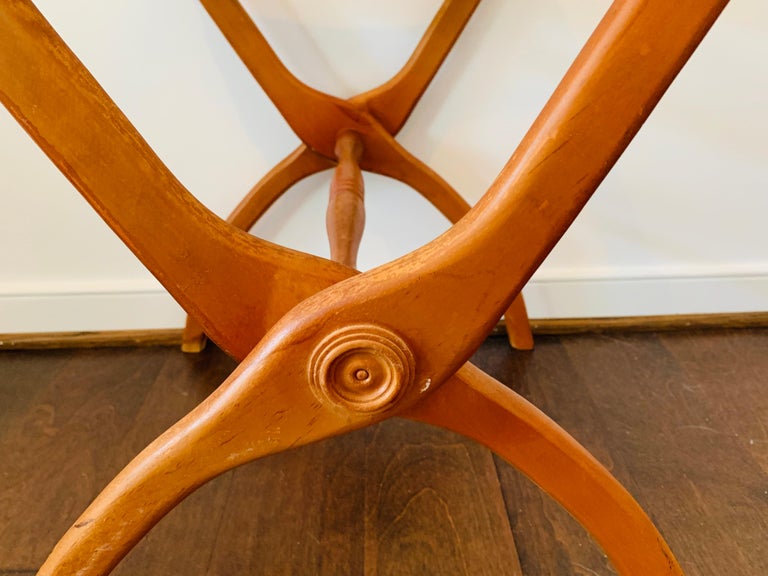 1960s Blue and Green Needlepoint Strapped Oak Luggage Rack at 1stDibs