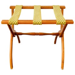 1960s Blue and Green Needlepoint Strapped Oak Luggage Rack