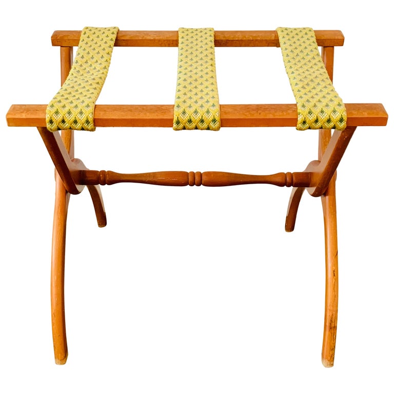 1960s Blue and Green Needlepoint Strapped Oak Luggage Rack at 1stDibs