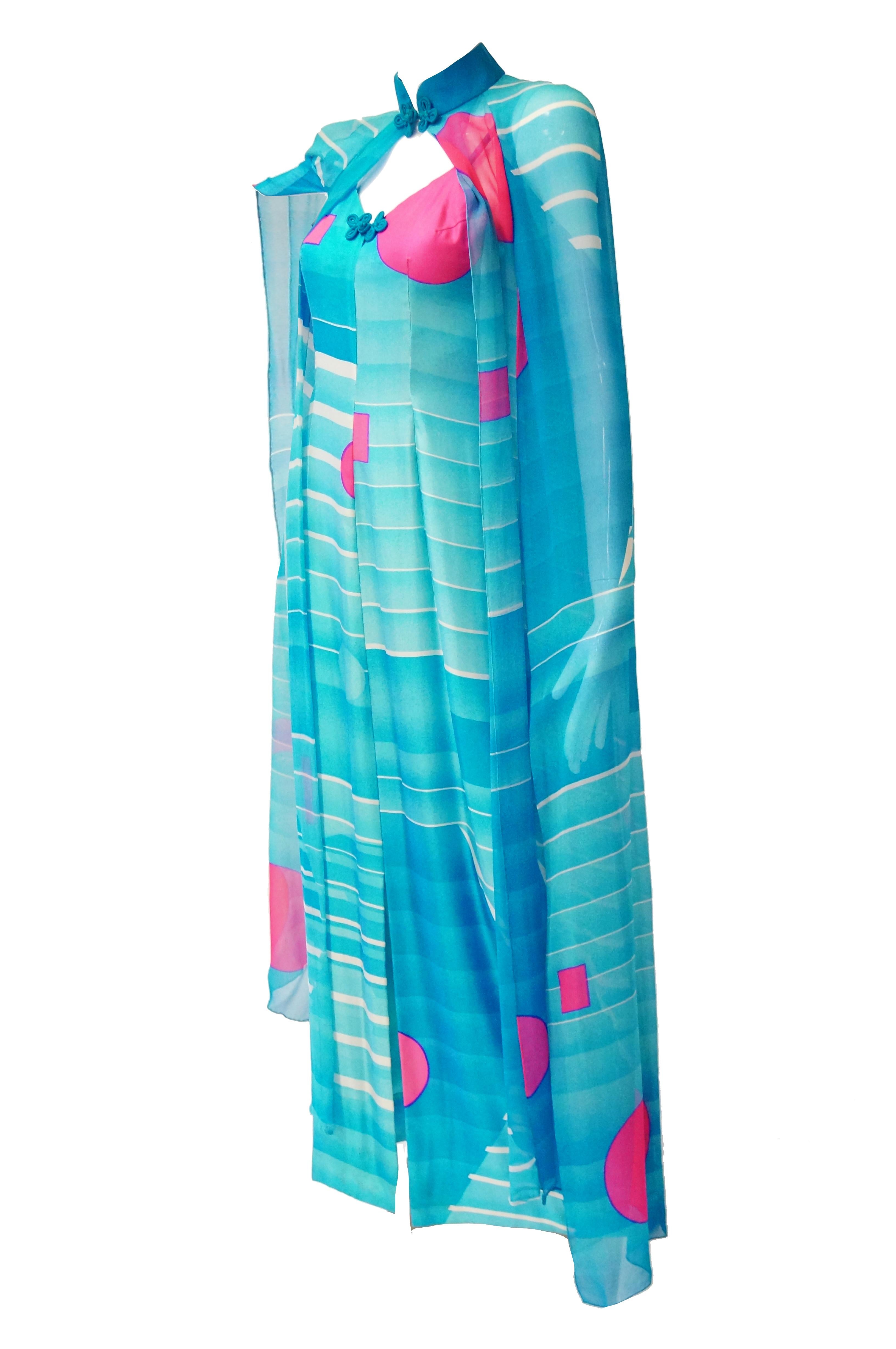 1960's Hanae Mori Blue and Pink Silk Asian Slip Dress with Sheer Cape  For Sale 6