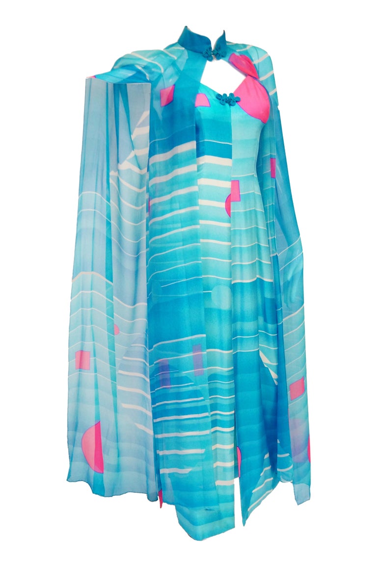 1960's Hanae Mori Blue and Pink Silk Asian Slip Dress with Sheer Cape ...