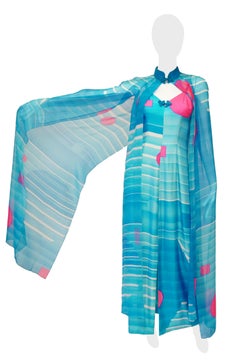 1960's Hanae Mori Blue and Pink Silk Asian Slip Dress with Sheer Cape