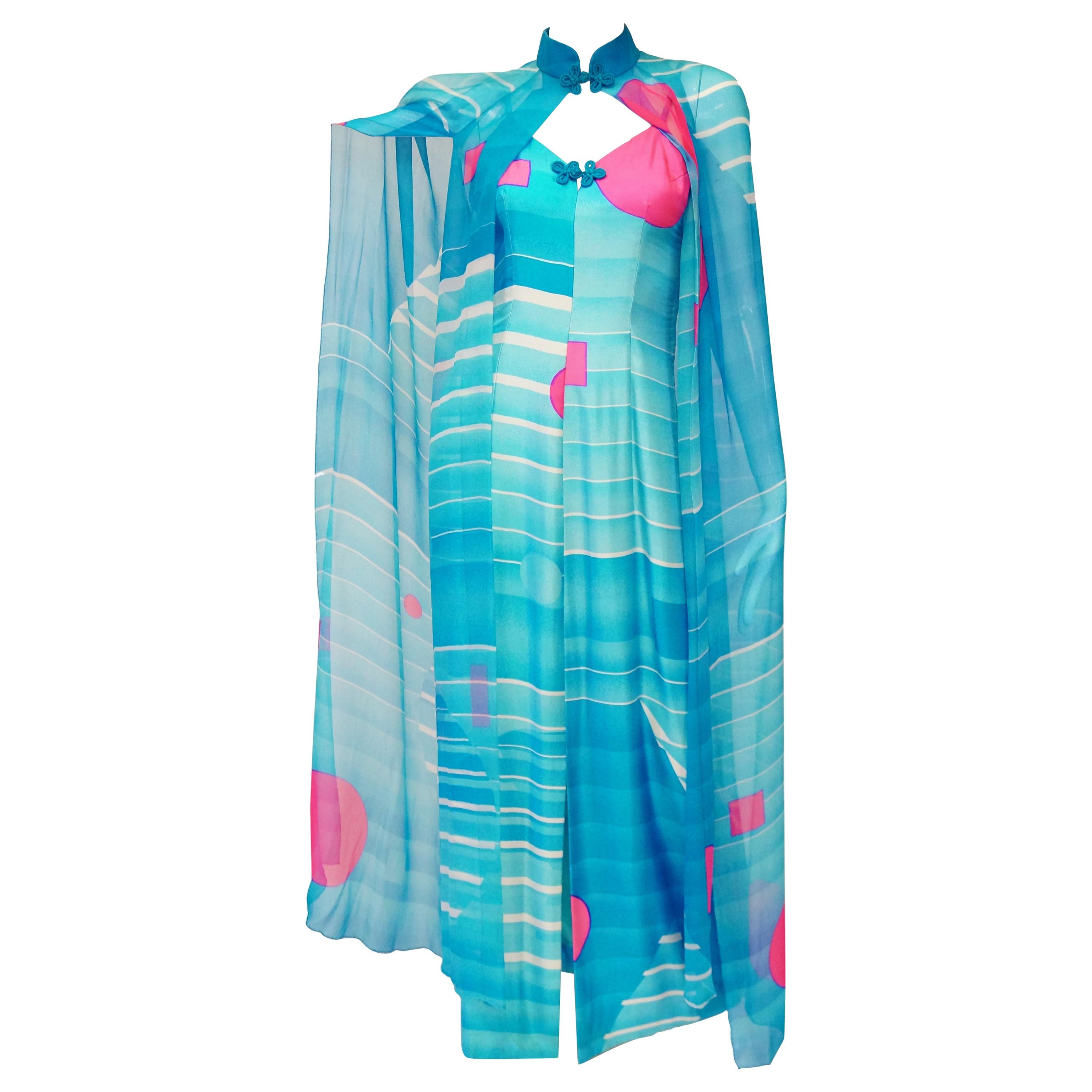 1960's Hanae Mori Blue and Pink Silk Asian Slip Dress with Sheer Cape 