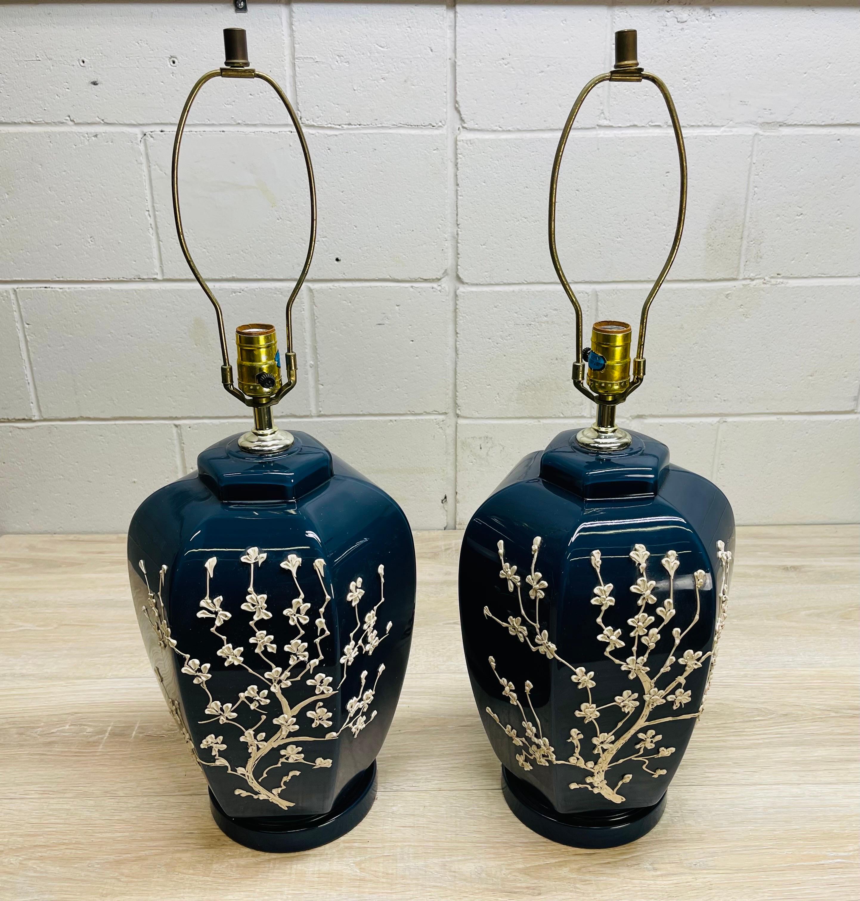 Mid-Century Modern 1960s Blue and White Floral Ceramic Table Lamps, Pair For Sale