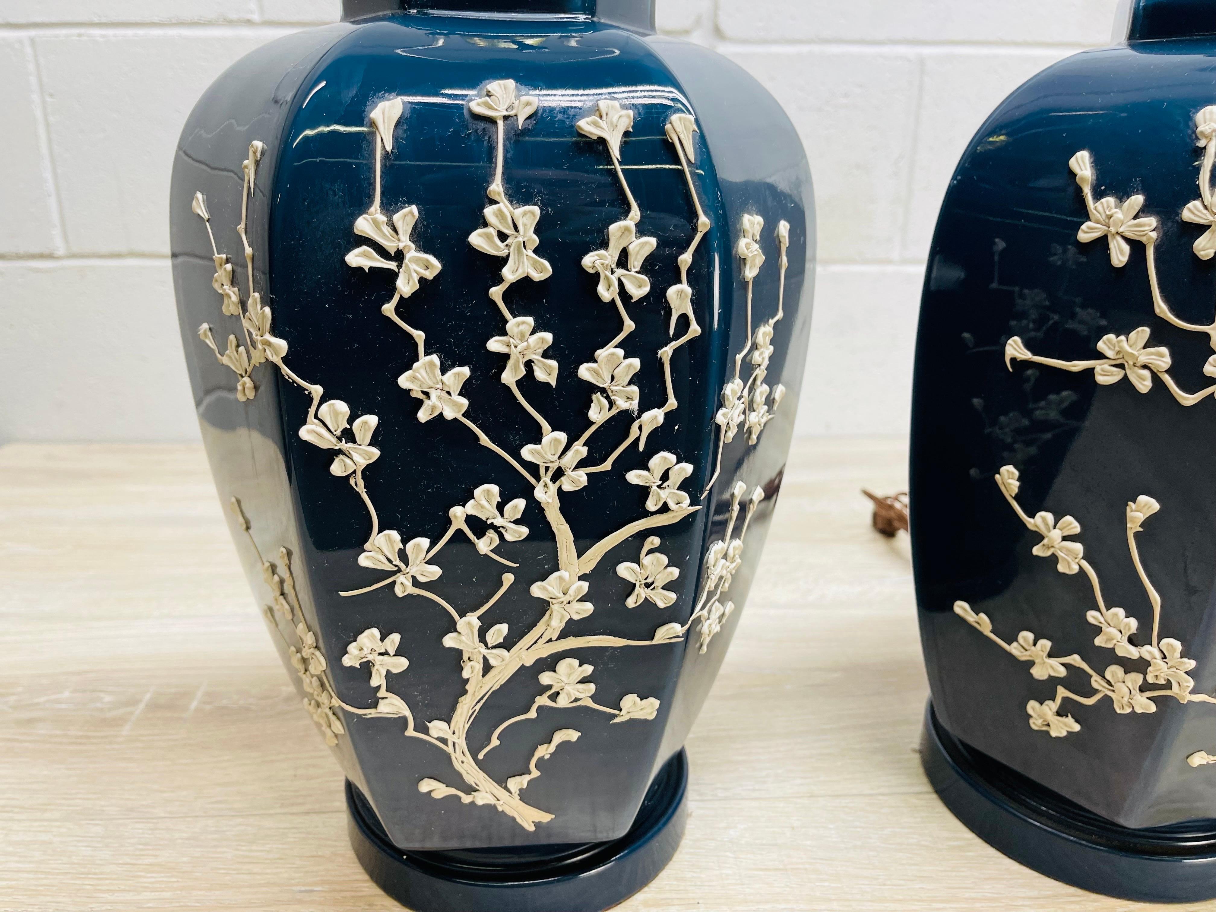 1960s Blue and White Floral Ceramic Table Lamps, Pair In Good Condition For Sale In Amherst, NH