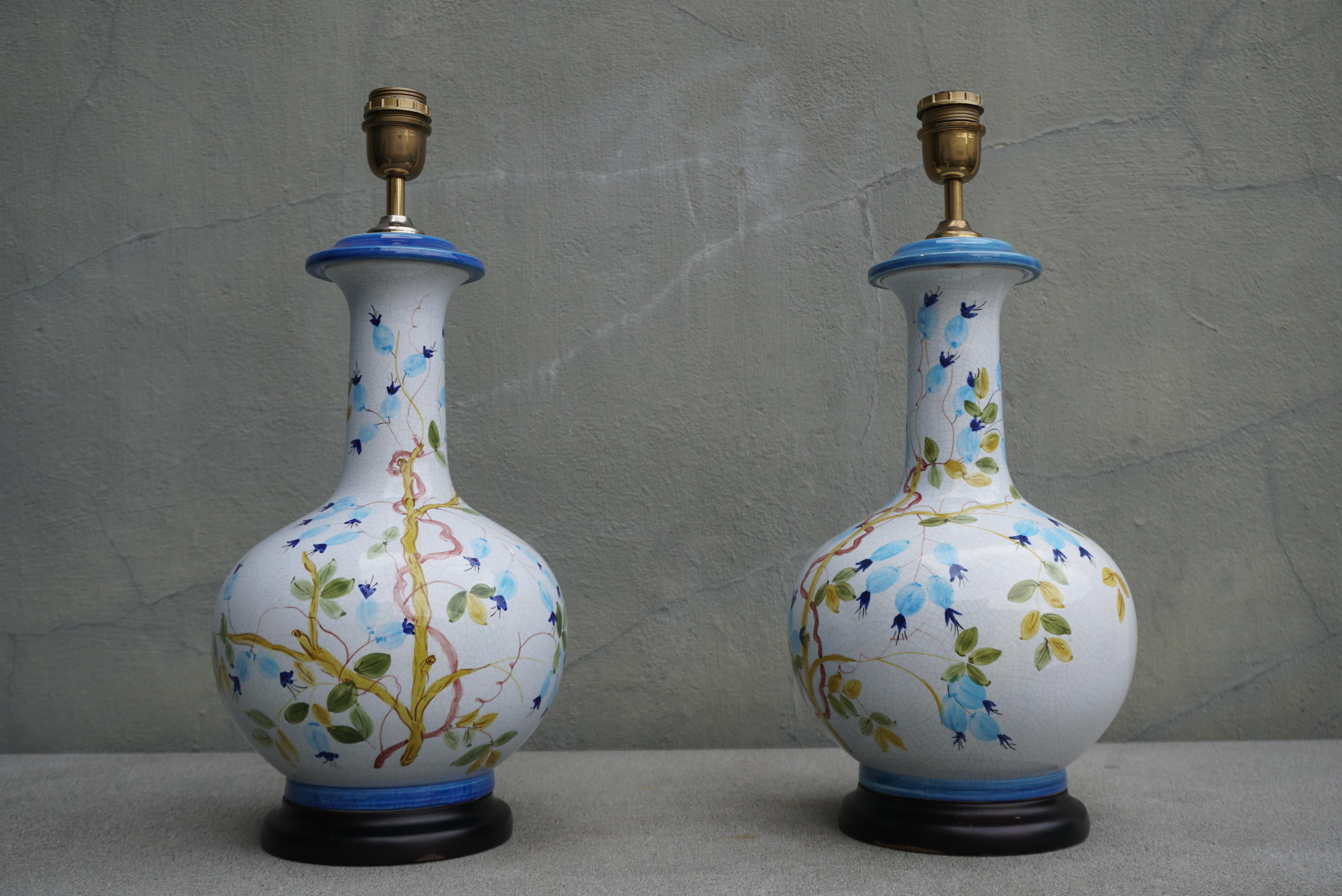 Hand-Painted 1960s Blue and White Floral Ceramic Table Lamps, Pair For Sale