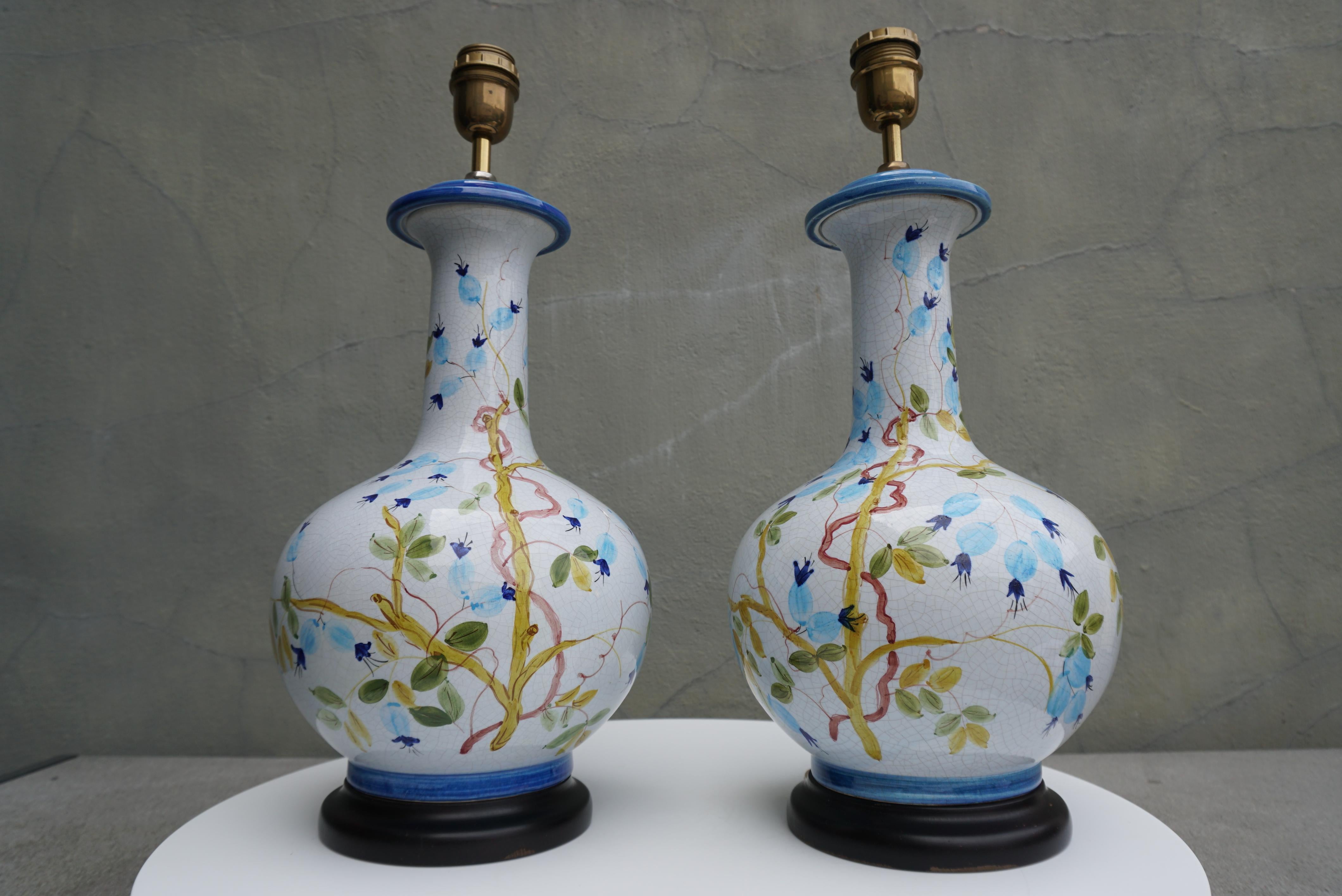 1960s Blue and White Floral Ceramic Table Lamps, Pair In Good Condition For Sale In Antwerp, BE