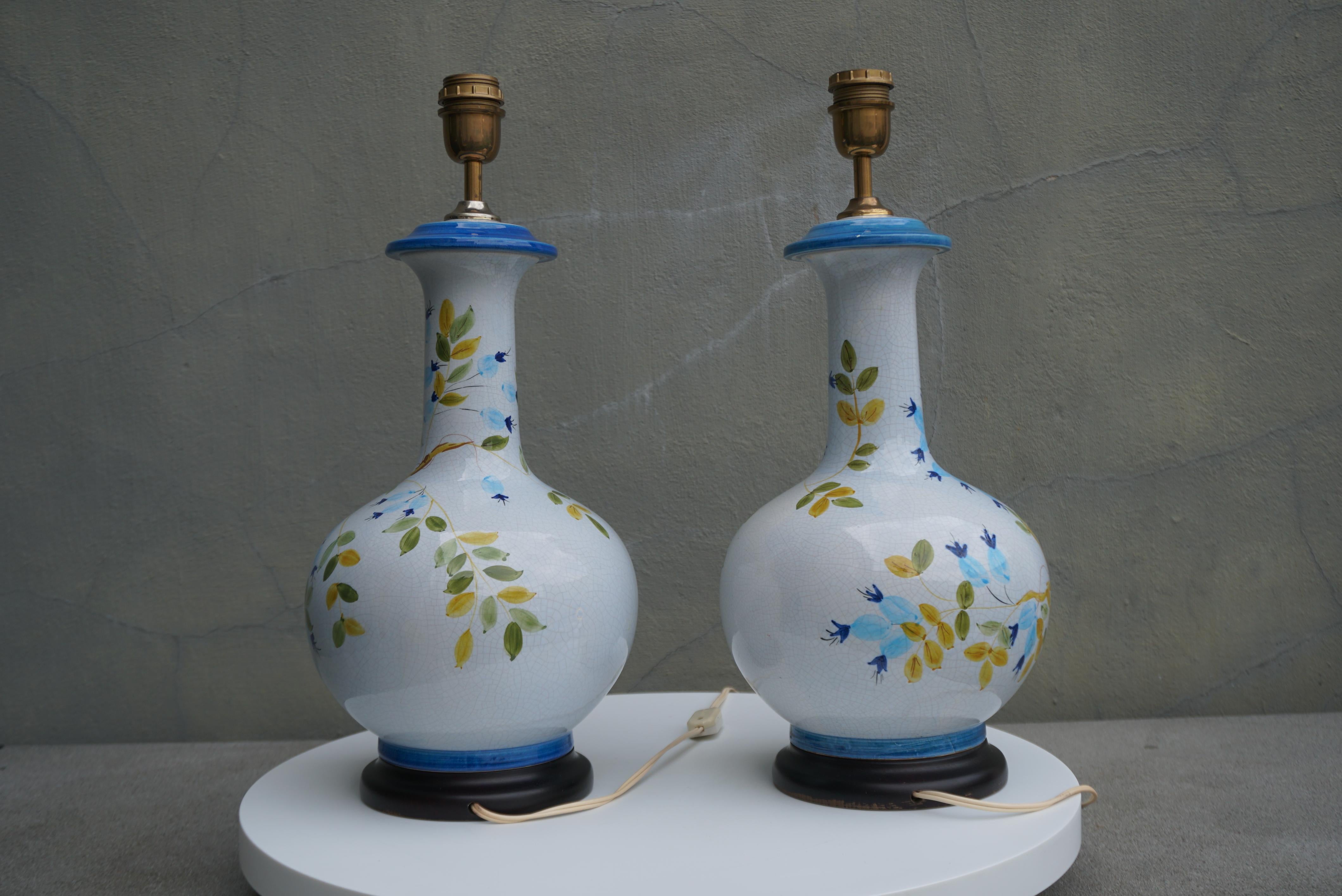 20th Century 1960s Blue and White Floral Ceramic Table Lamps, Pair For Sale