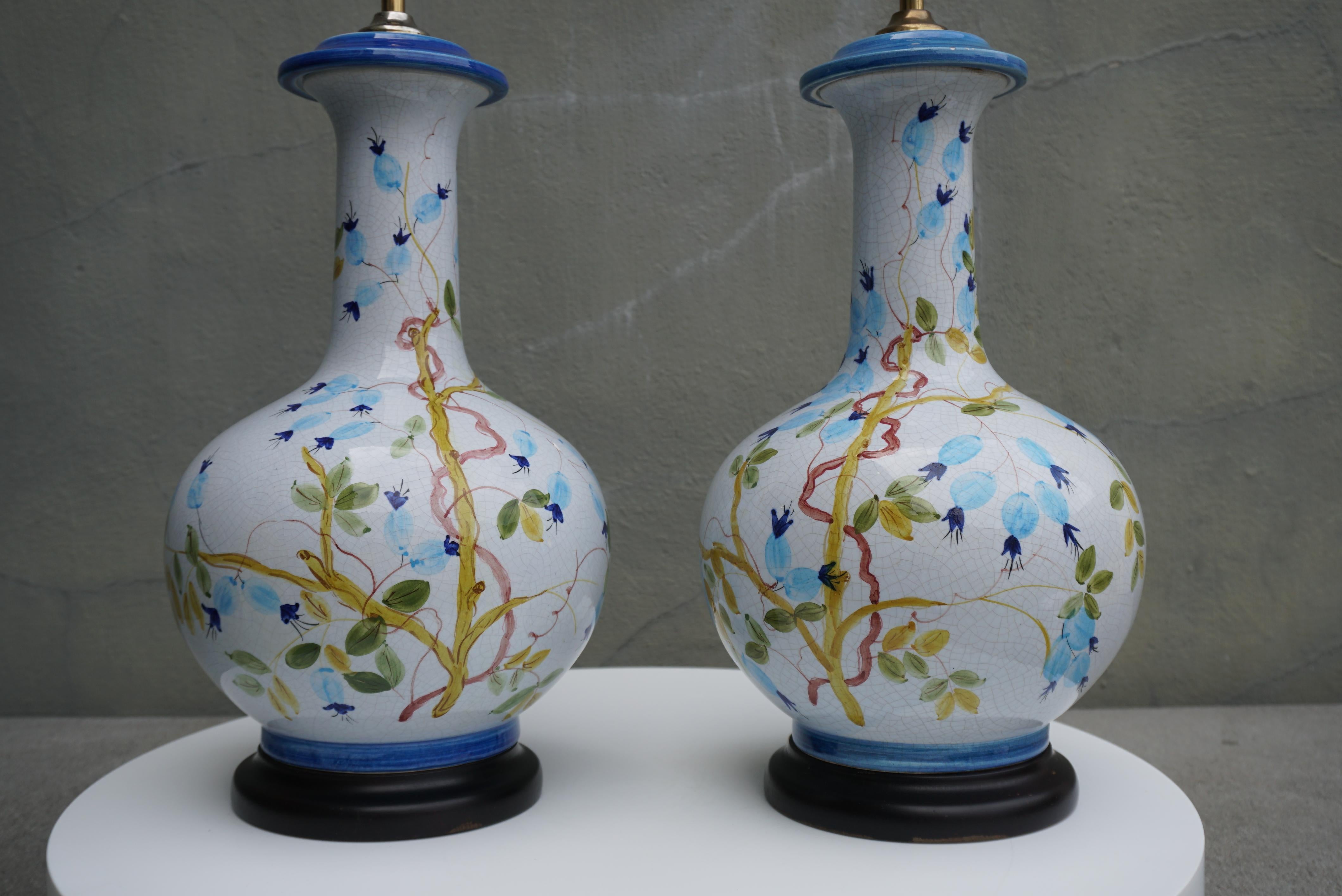 Brass 1960s Blue and White Floral Ceramic Table Lamps, Pair For Sale