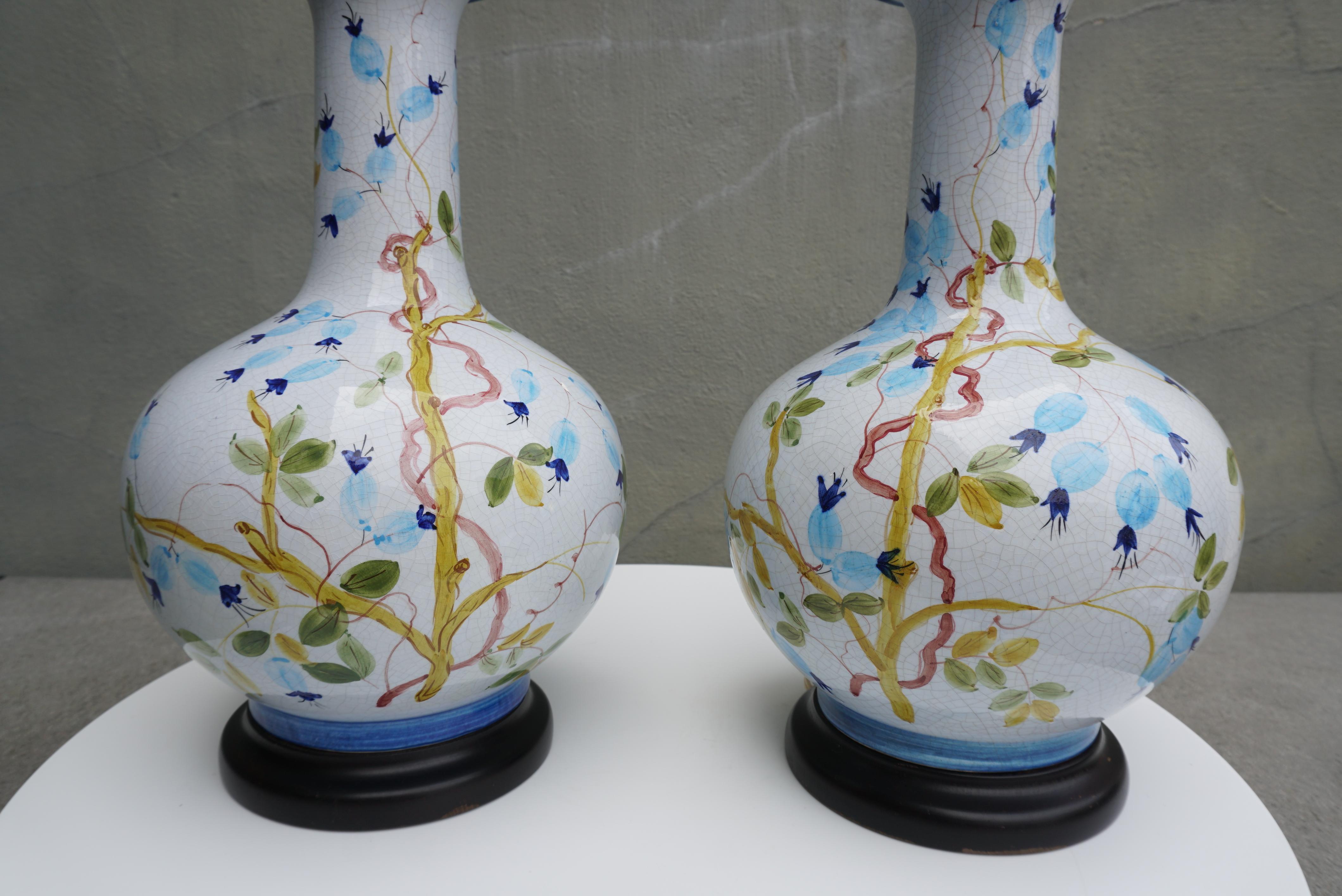 1960s Blue and White Floral Ceramic Table Lamps, Pair For Sale 1