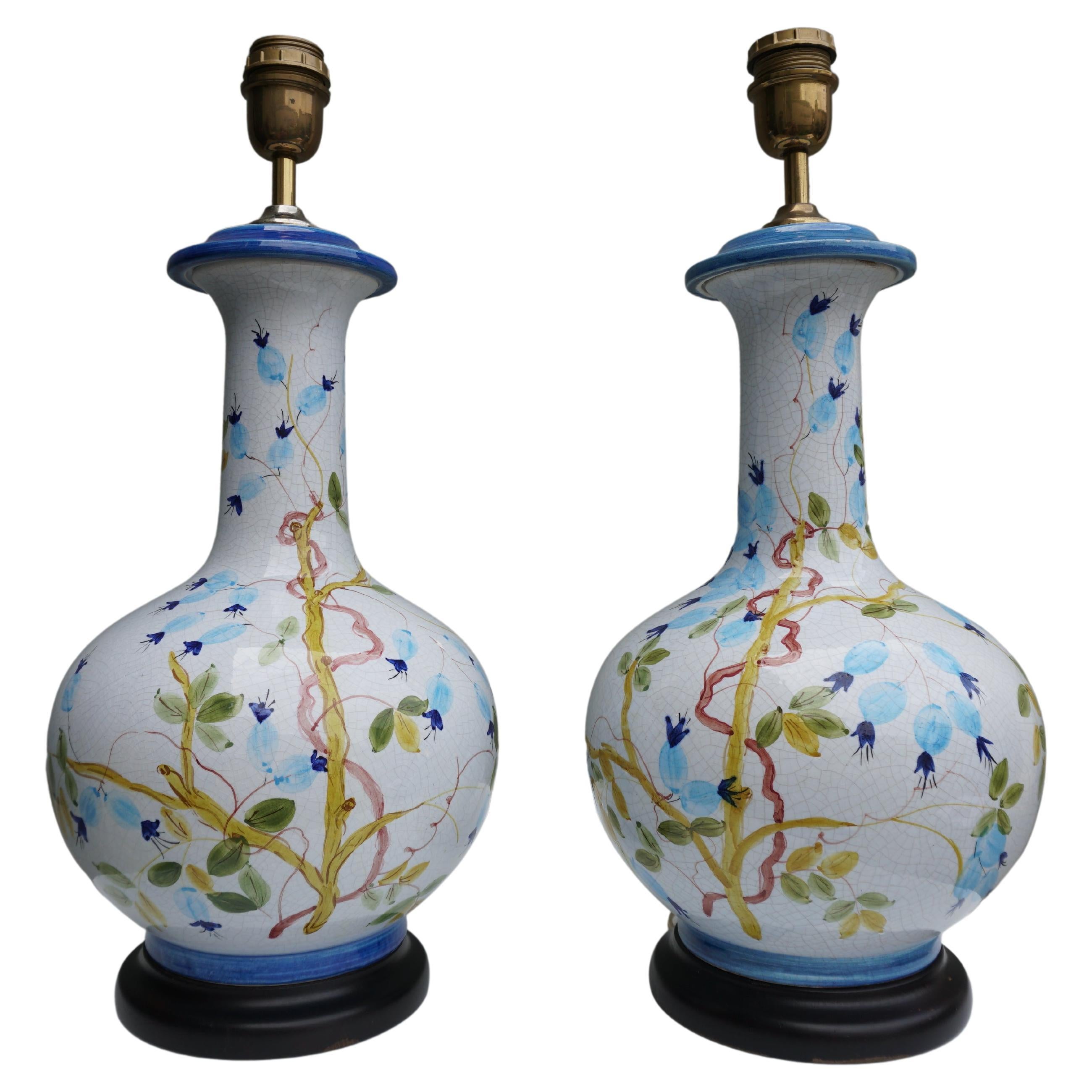 1960s Blue and White Floral Ceramic Table Lamps, Pair For Sale