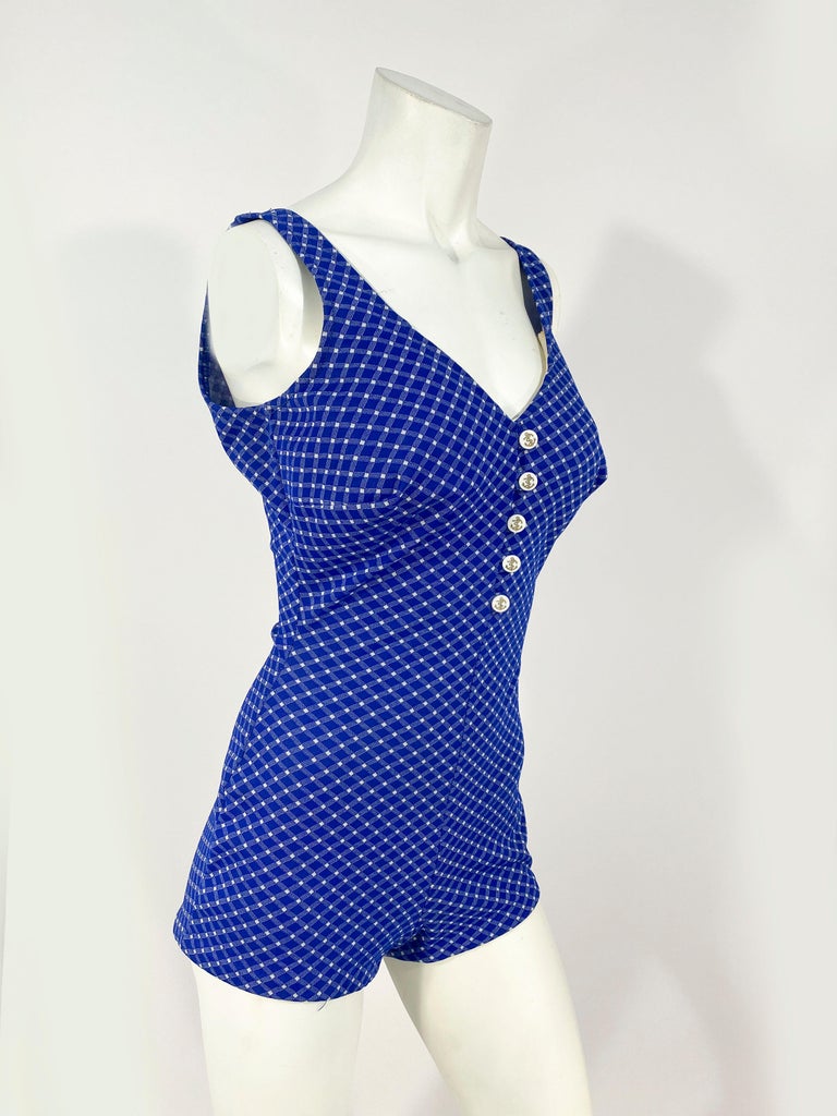 1960s Blue and White Gingham Pattern Bathing Suit at 1stDibs