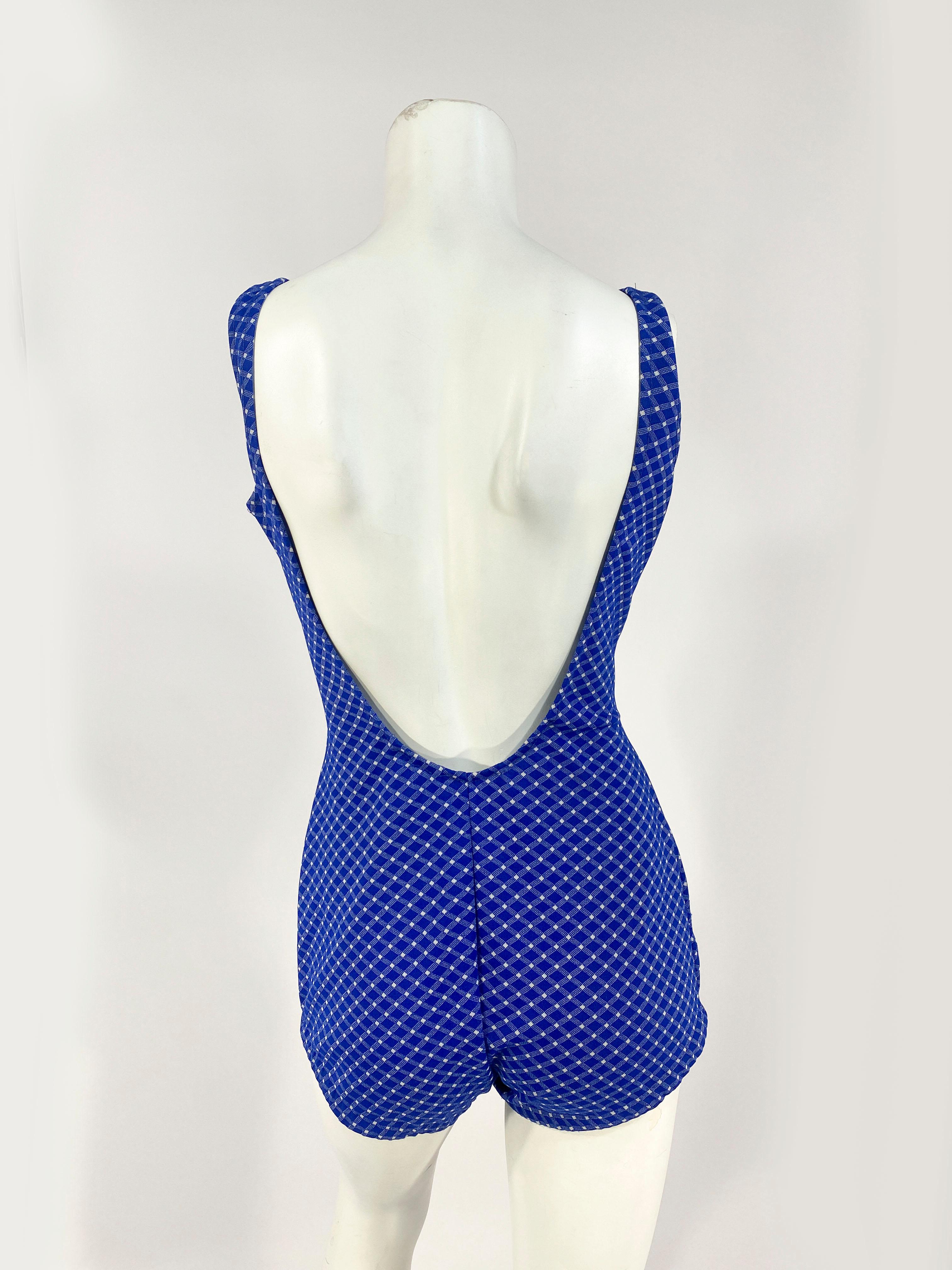 Women's 1960s Blue and White Gingham Pattern Bathing Suit