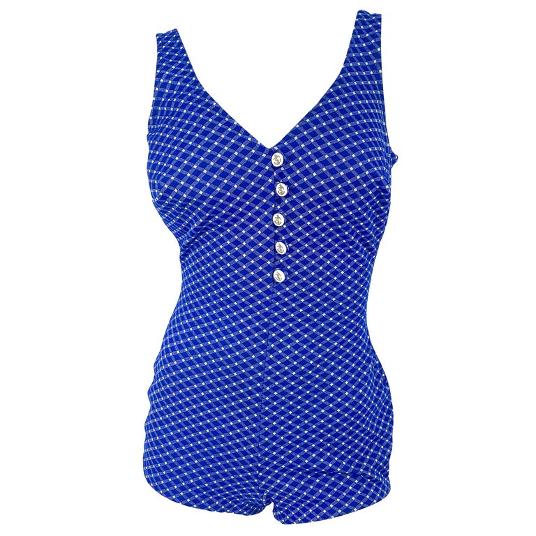 1960s Blue and White Gingham Pattern Bathing Suit at 1stDibs