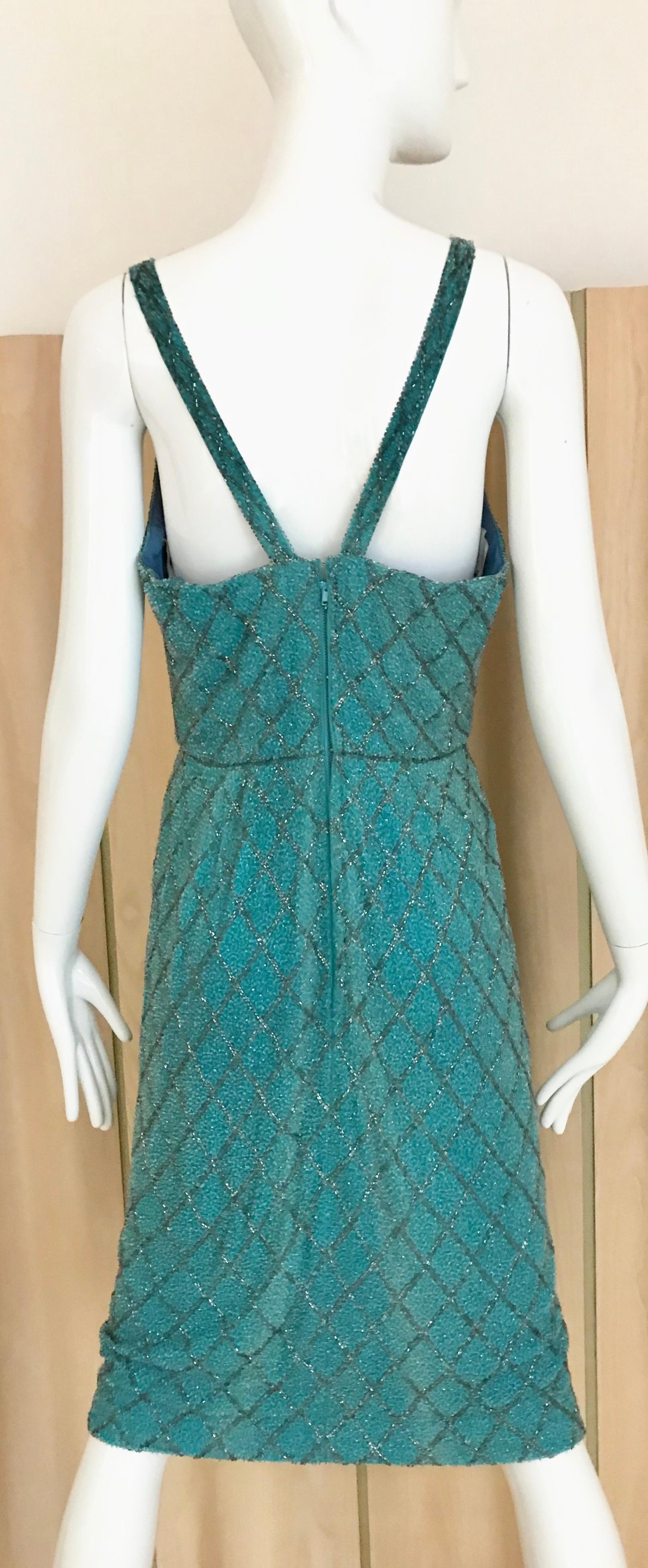 1960s Blue Beaded Sheath Dress with silver and grey beads In Good Condition In Beverly Hills, CA