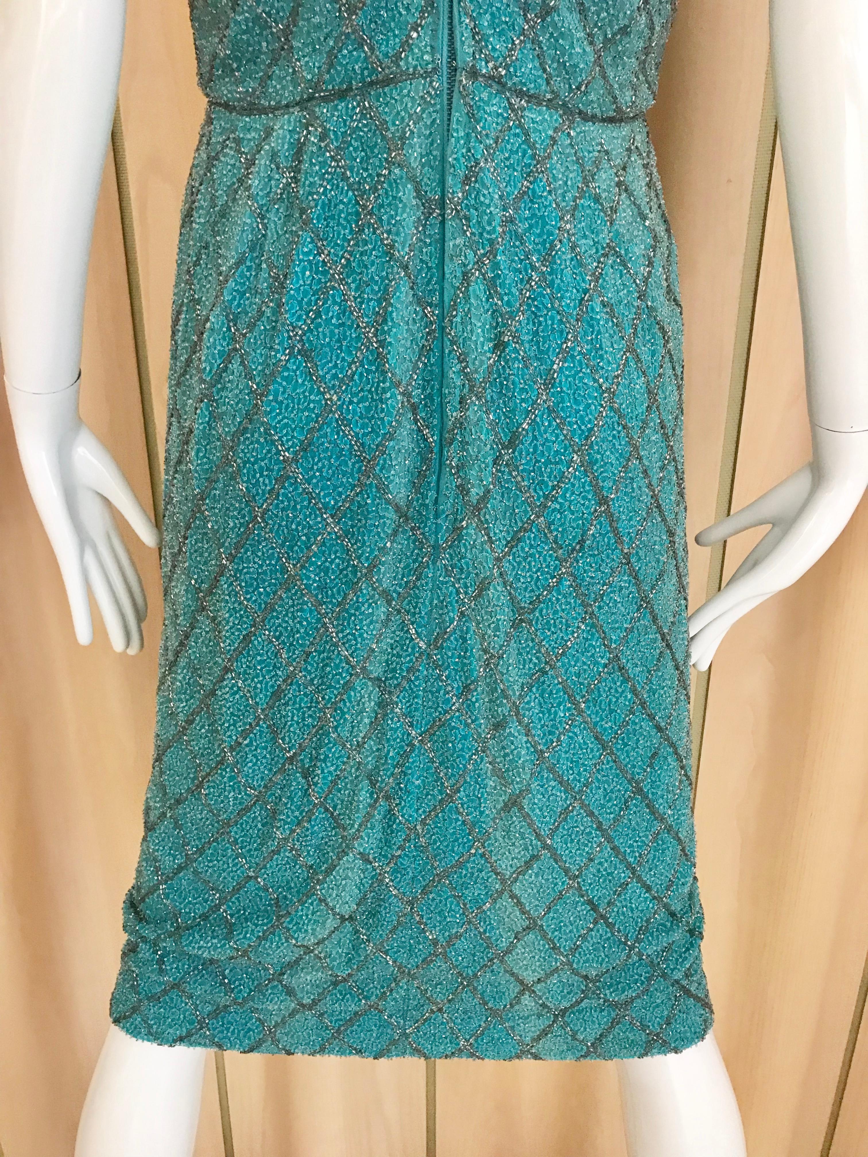 1960s Blue Beaded Sheath Dress with silver and grey beads 1