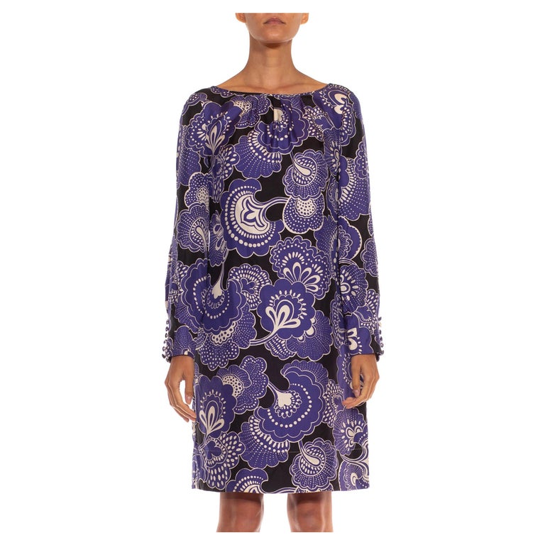 1960s Blue, Black & White Silk Long Sleeve Dress