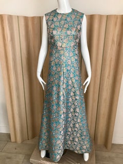 1960s Blue Brocade Jacquard Sleeveless Maxi Dress with Bow