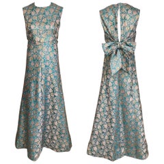 Vintage 1960s Blue Brocade Jacquard Sleeveless Maxi Dress with Bow