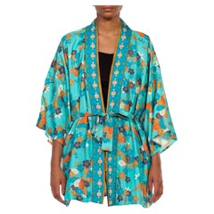 1960S Blue & Brown Floral Silk Kimono With Belt