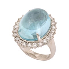 1960's Blue Cabochon Aquamarine and Diamond Princess Diana Style Platinum Ring