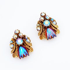 1960s Blue Carnival Glass & Aurora Borealis Art Deco Style Earrings By Florenza
