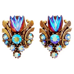 Retro 1960s Blue Carnival Glass & Aurora Borealis Art Deco Style Earrings By Florenza