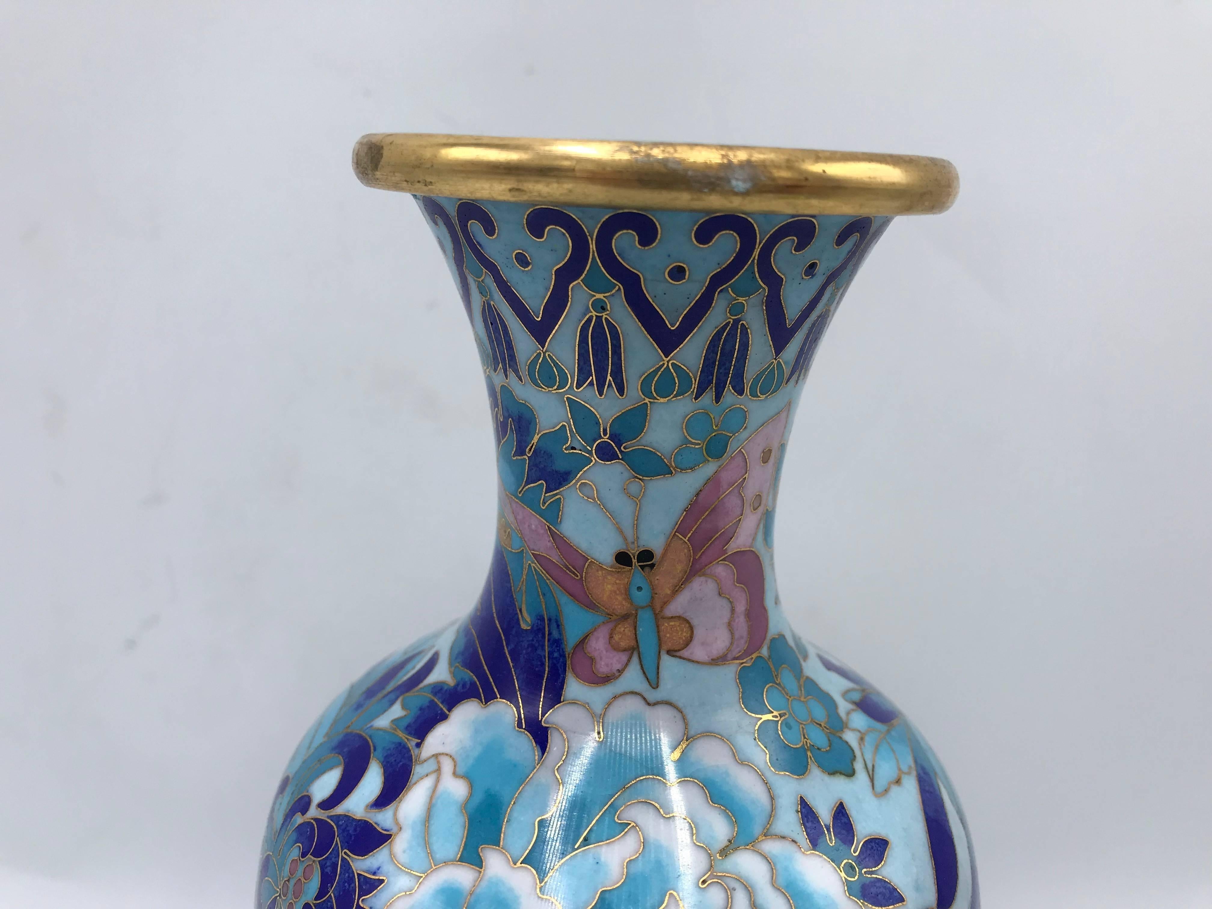 Chinoiserie 1960s Blue Cloisonné Vase with Peony and Floral Motif