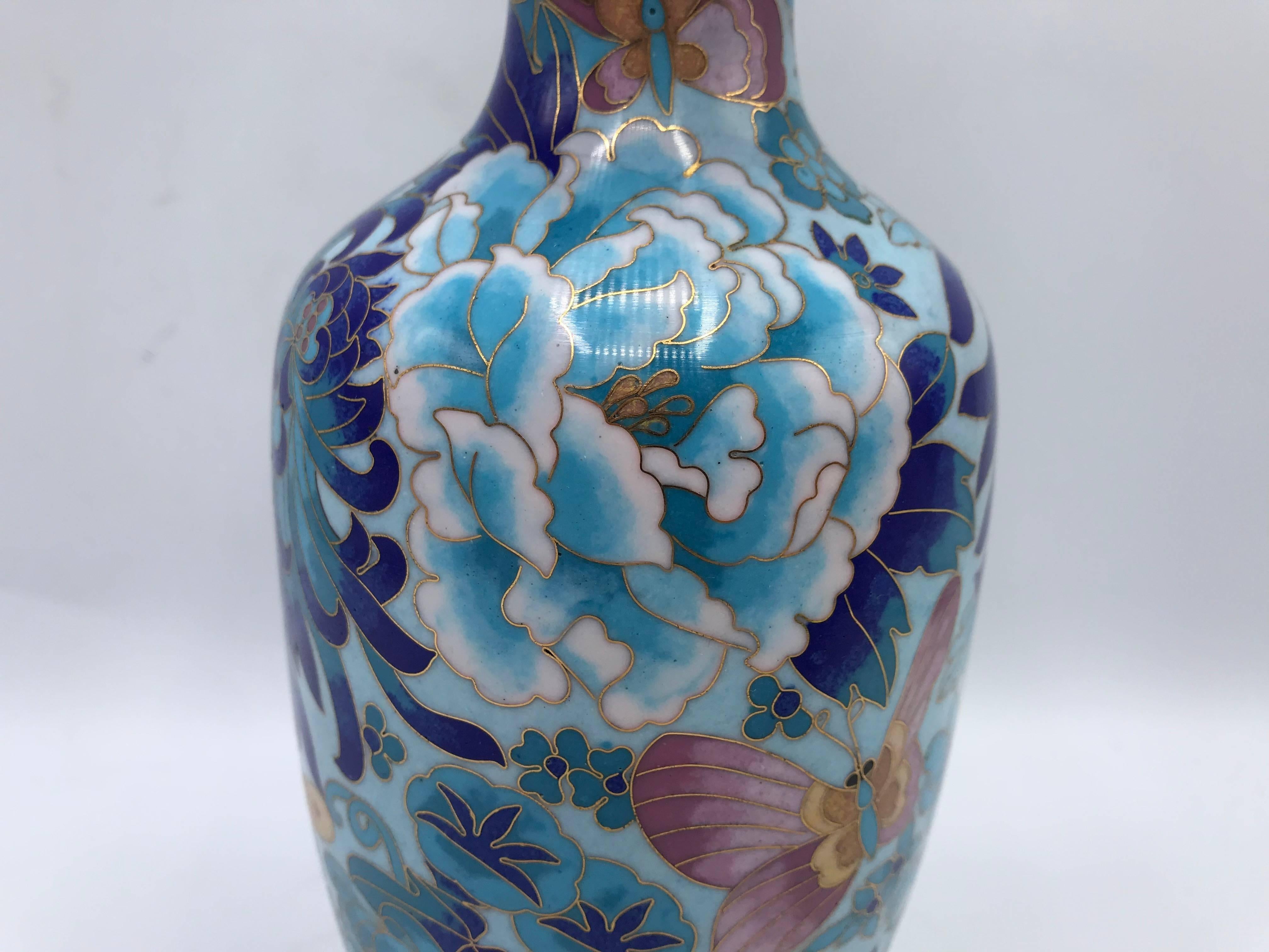 Cloissoné 1960s Blue Cloisonné Vase with Peony and Floral Motif