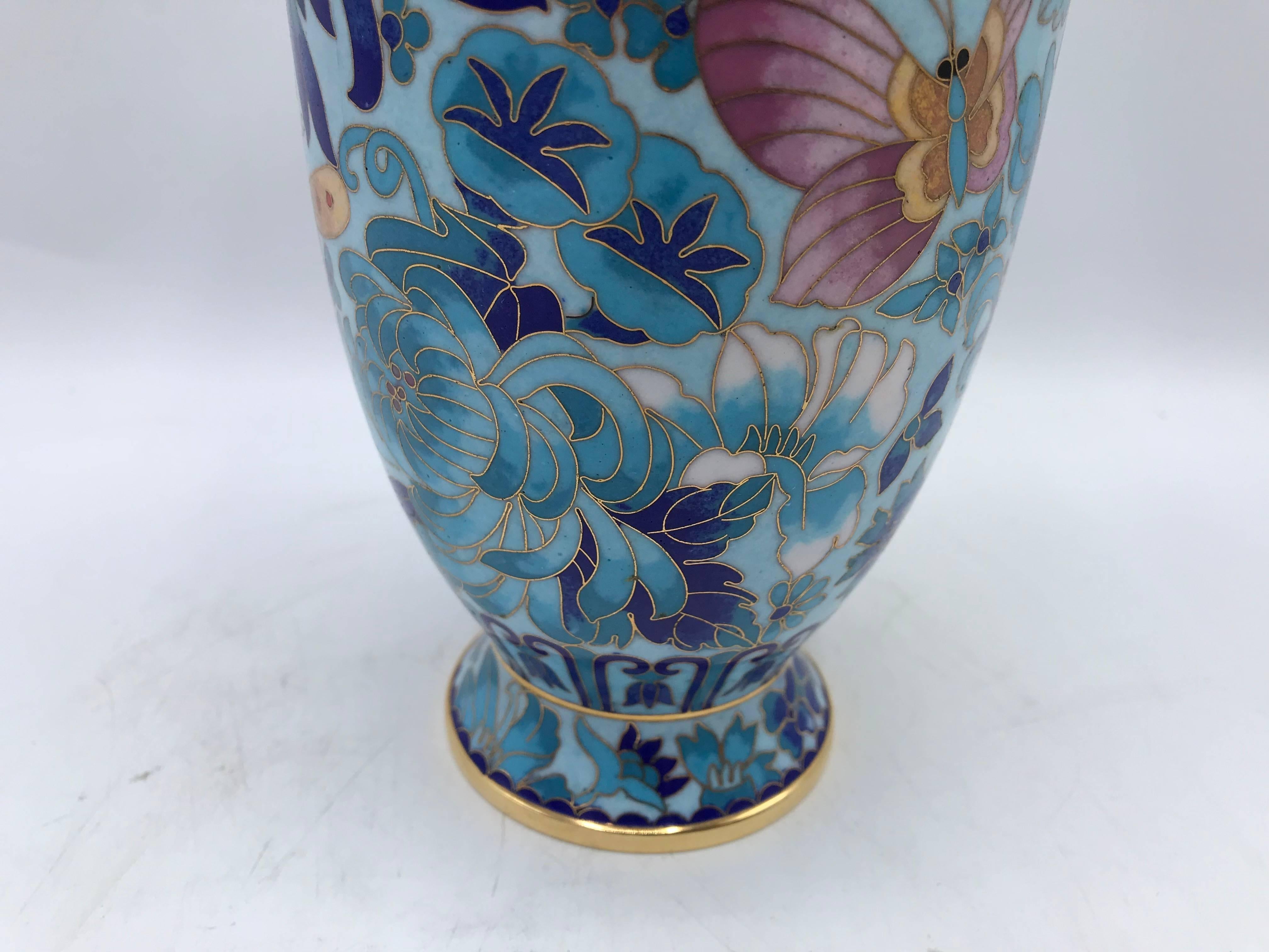 1960s Blue Cloisonné Vase with Peony and Floral Motif In Good Condition In Richmond, VA