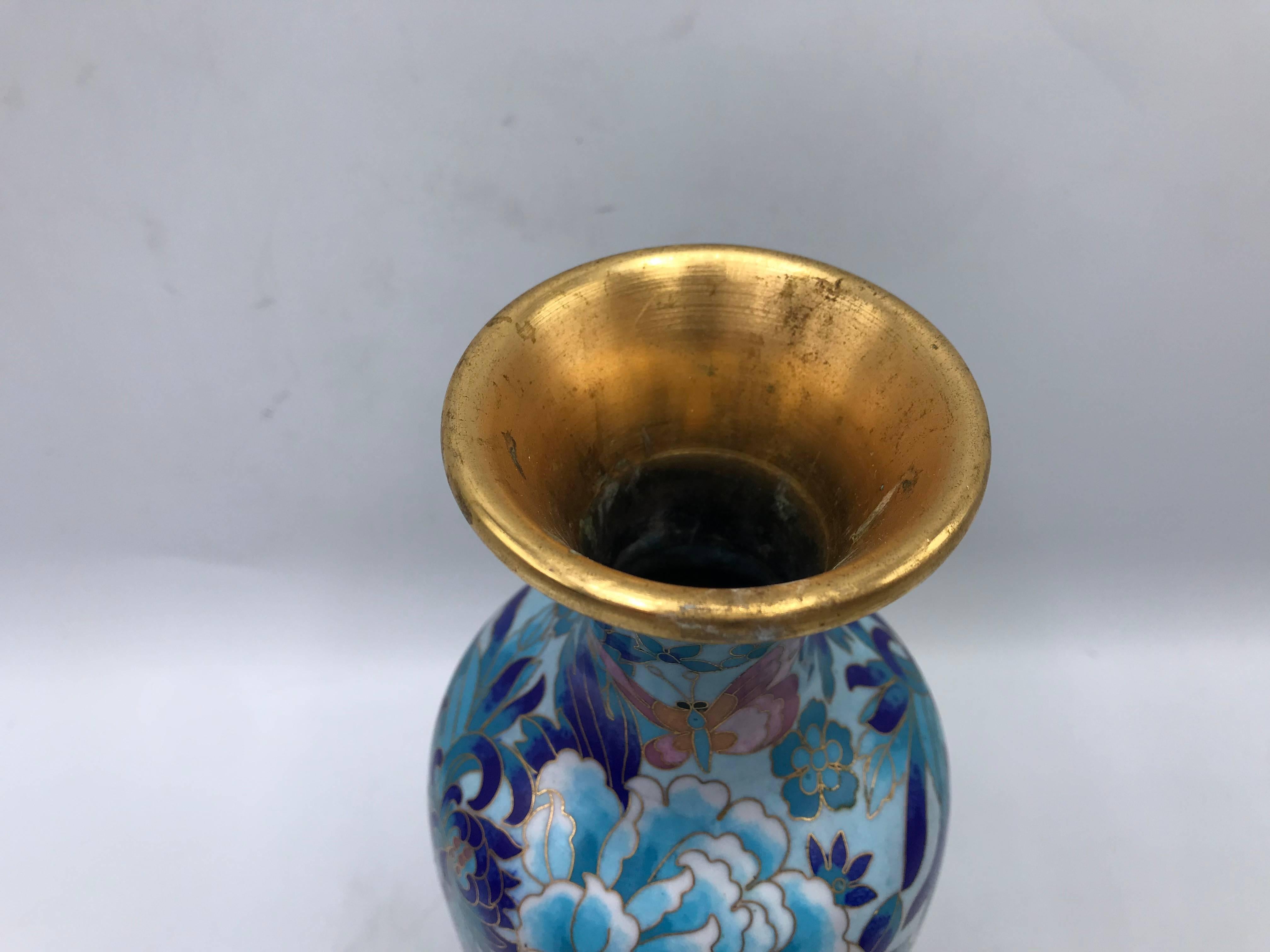 20th Century 1960s Blue Cloisonné Vase with Peony and Floral Motif