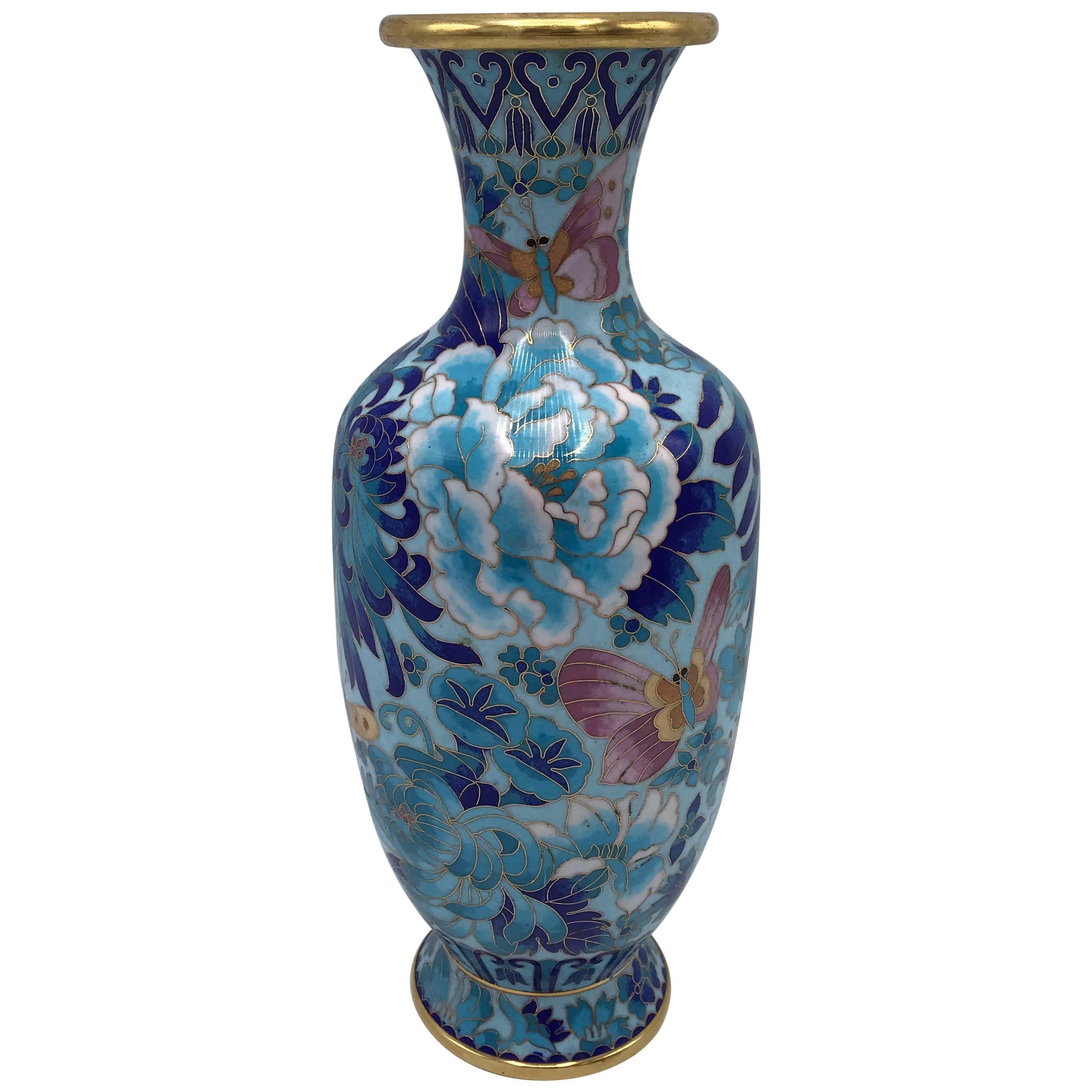 1960s Blue Cloisonné Vase with Peony and Floral Motif