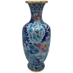 1960s Blue Cloisonné Vase with Peony and Floral Motif