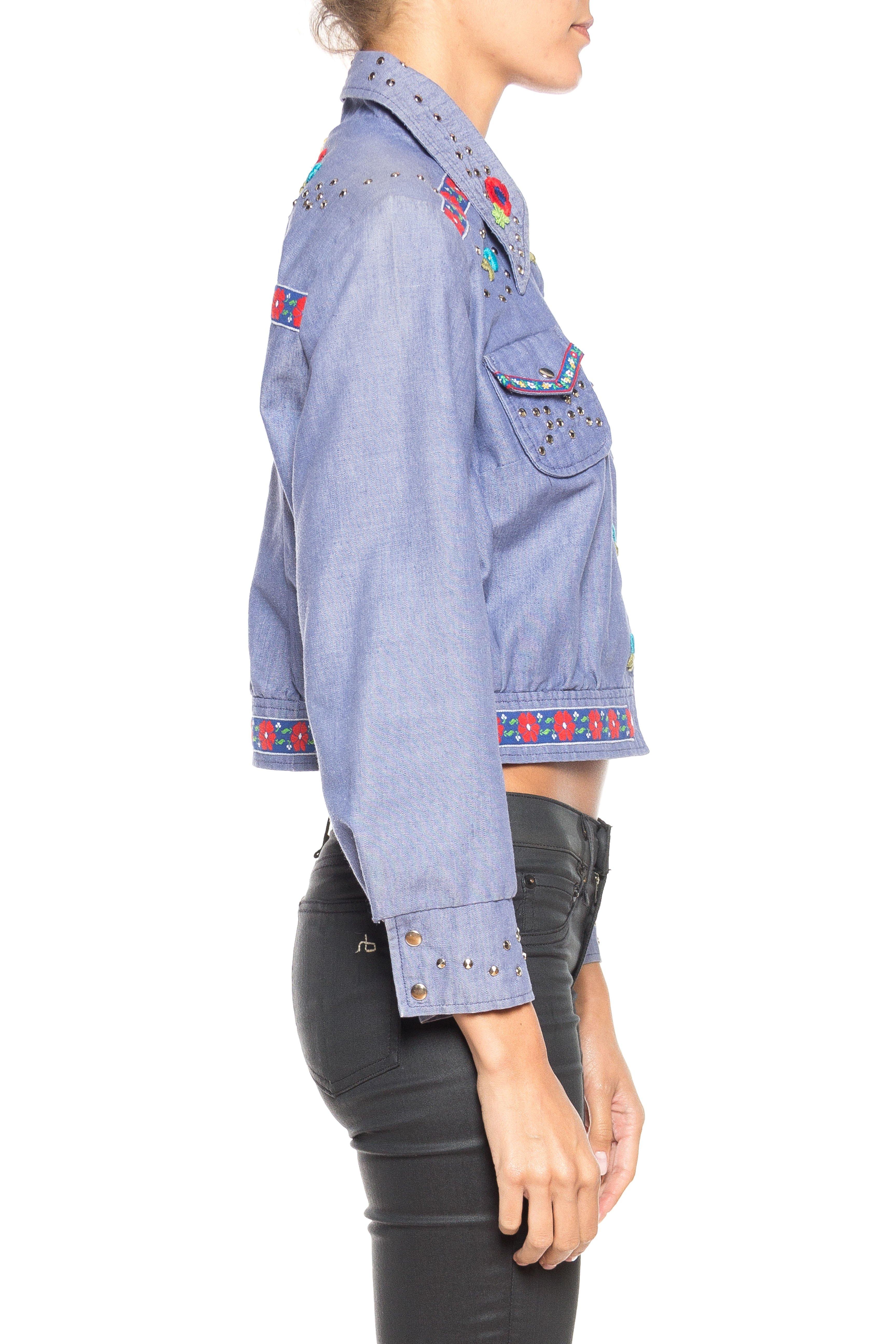Women's 1960S Blue Cotton Blend Chambray Studded & Floral Embelished Cropped Jacket For Sale