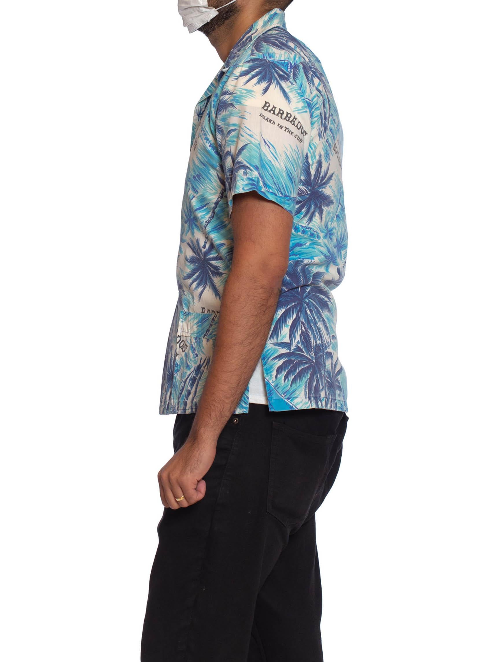 1960S Blau Baumwolle Männer Barbados Tropische Landschaft Hawaii Hemd