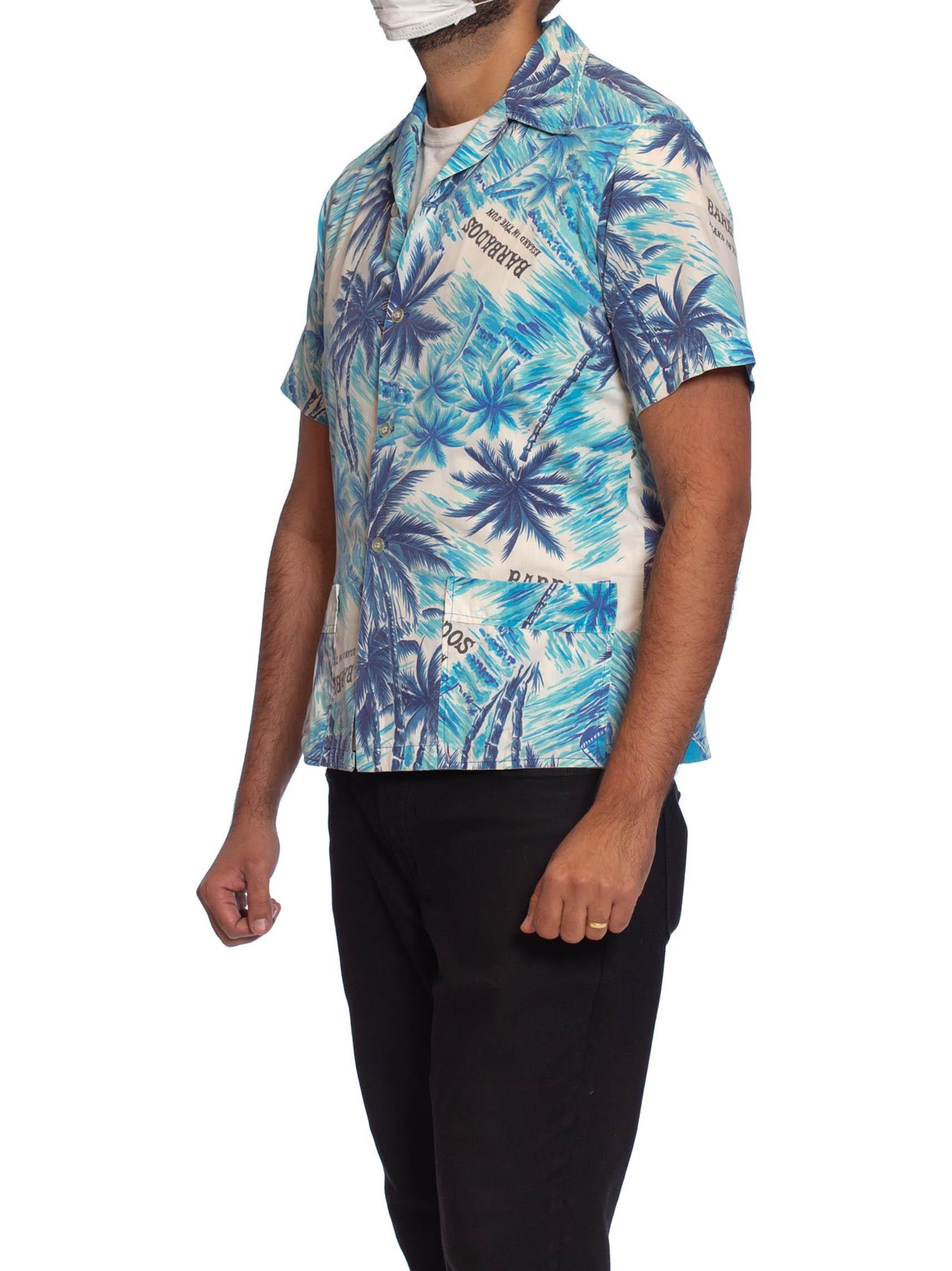 Blaues Barbados-Herrenhemd aus Baumwolle, 1960er Jahre, tropische Szene, Hawaii im Angebot 2