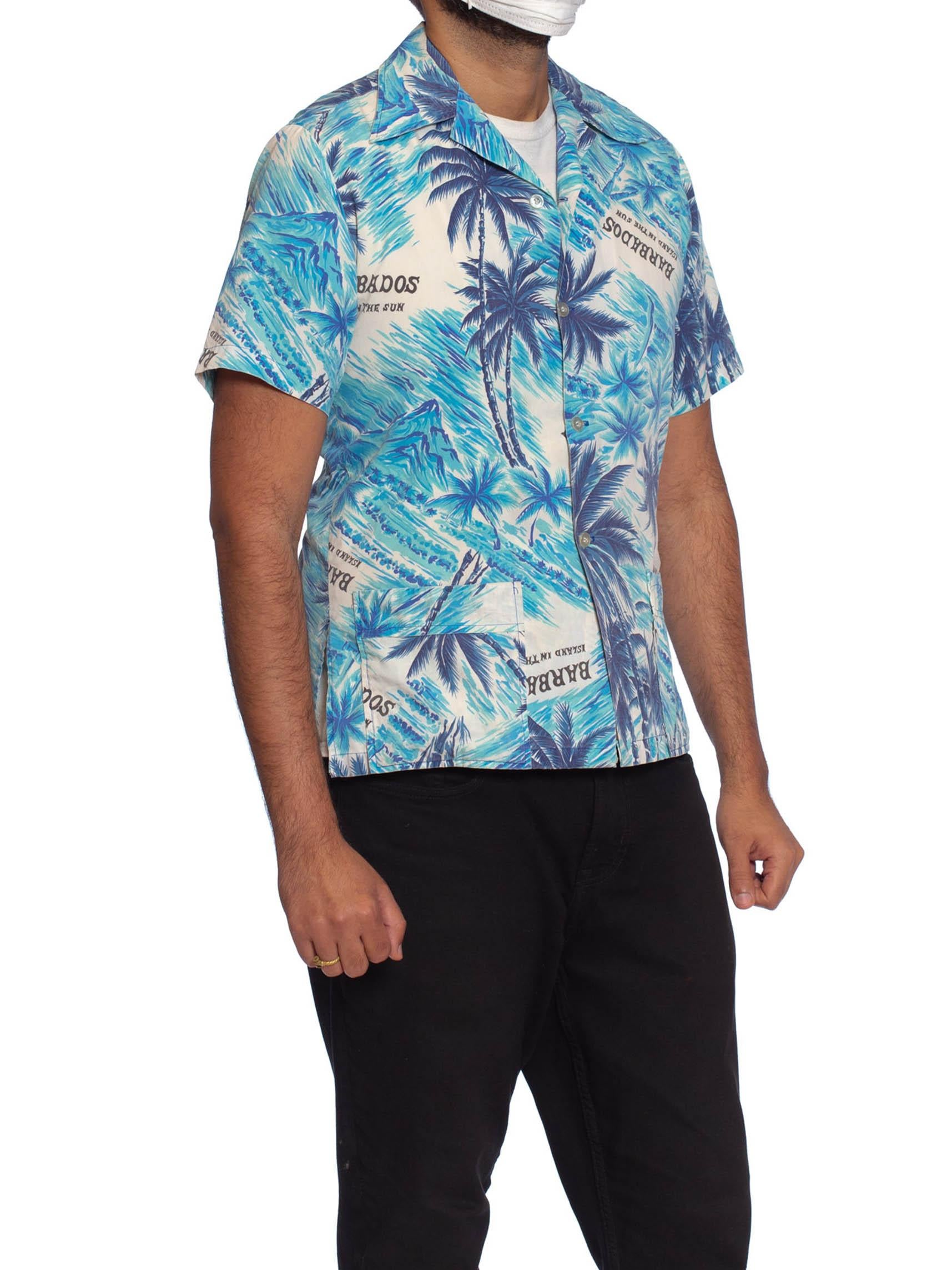 1960S Blue Cotton Men's Barbados Tropical Scenic Hawaiian Shirt For Sale 1