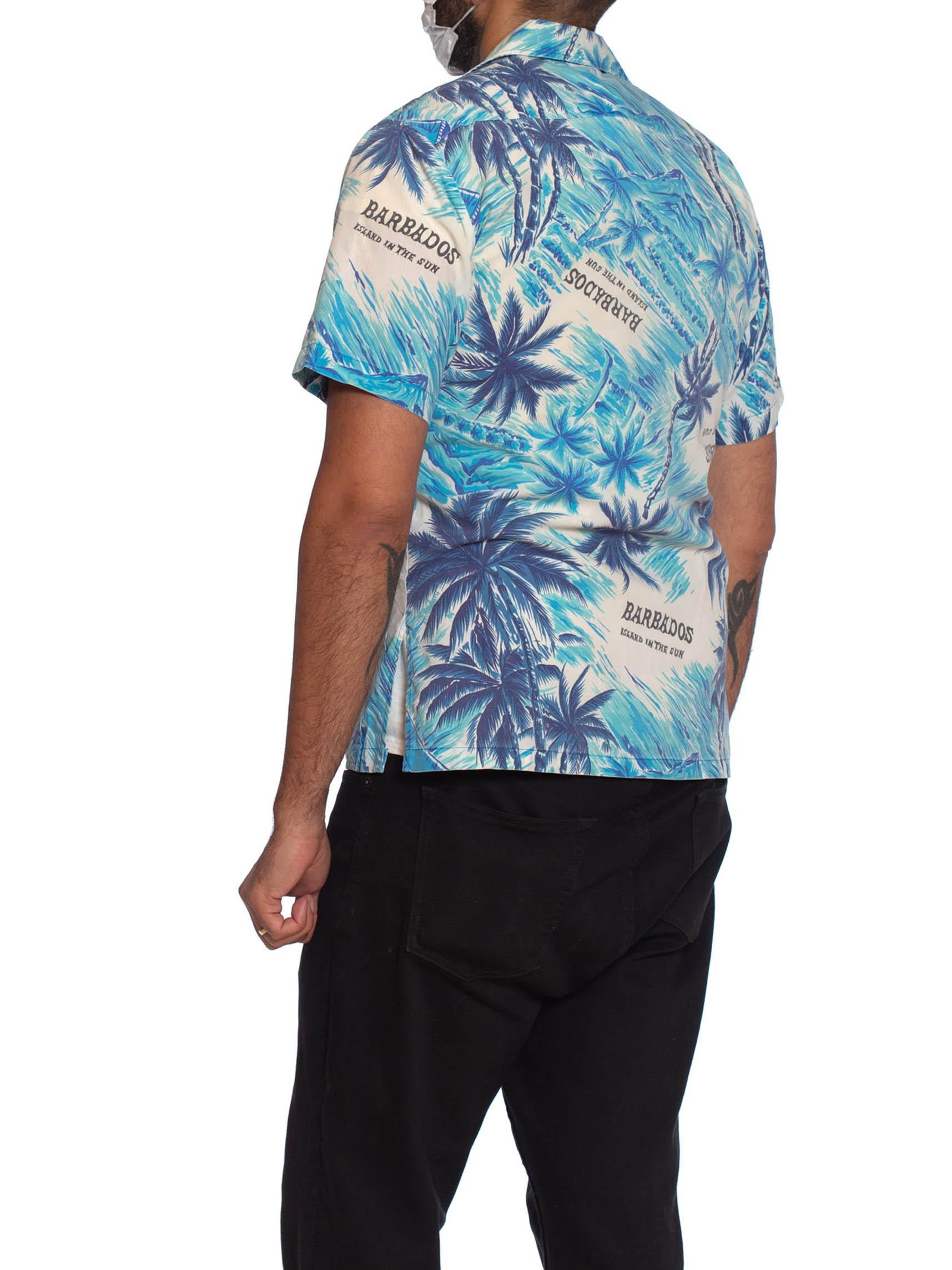 Camisa Hawaiana Escénica Tropical Barbados 1960S Algodón Azul Hombre 2