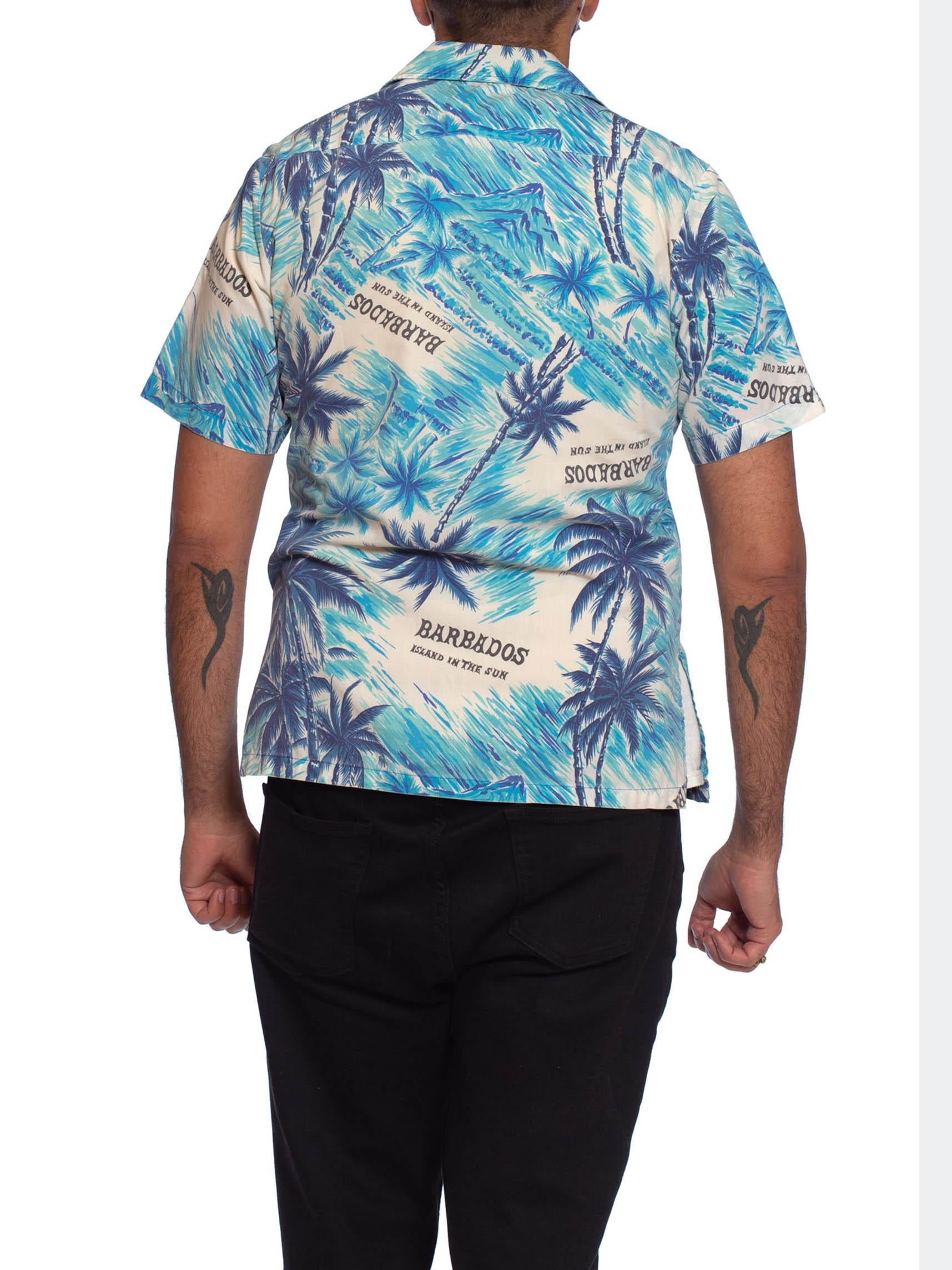 1960S Blue Cotton Men's Barbados Tropical Scenic Hawaiian Shirt For Sale 3