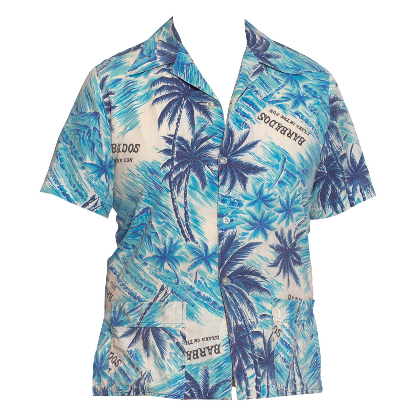 Blaues Barbados-Herrenhemd aus Baumwolle, 1960er Jahre, tropische Szene, Hawaii im Angebot