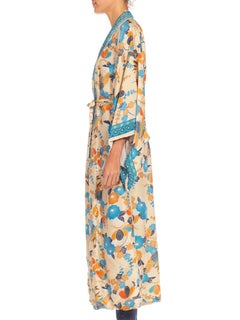 1960S Blue & Cream Floral Silk Kimono