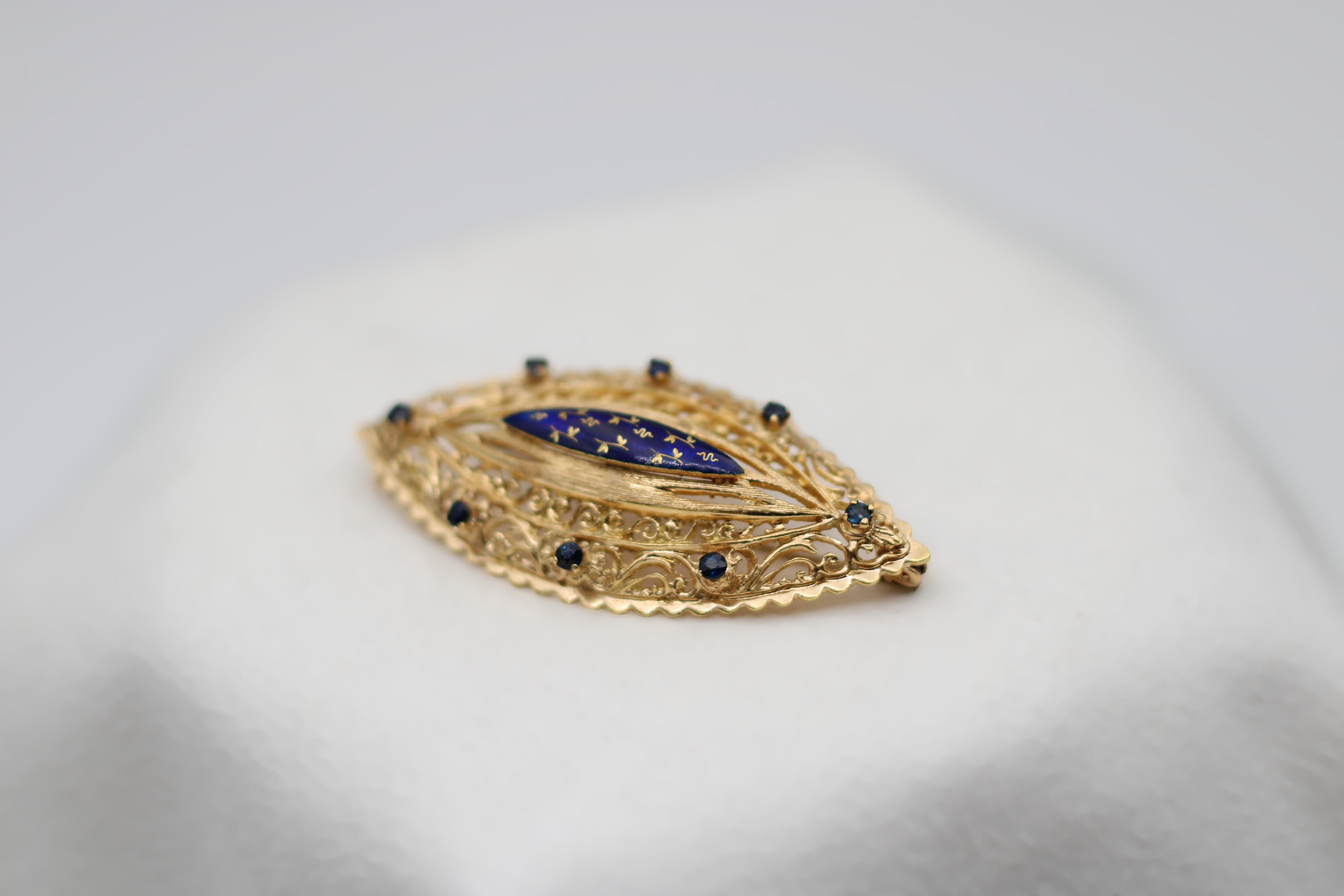 Victorian A 1960s Blue Enamel, Sapphire & Gold Brooch For Sale