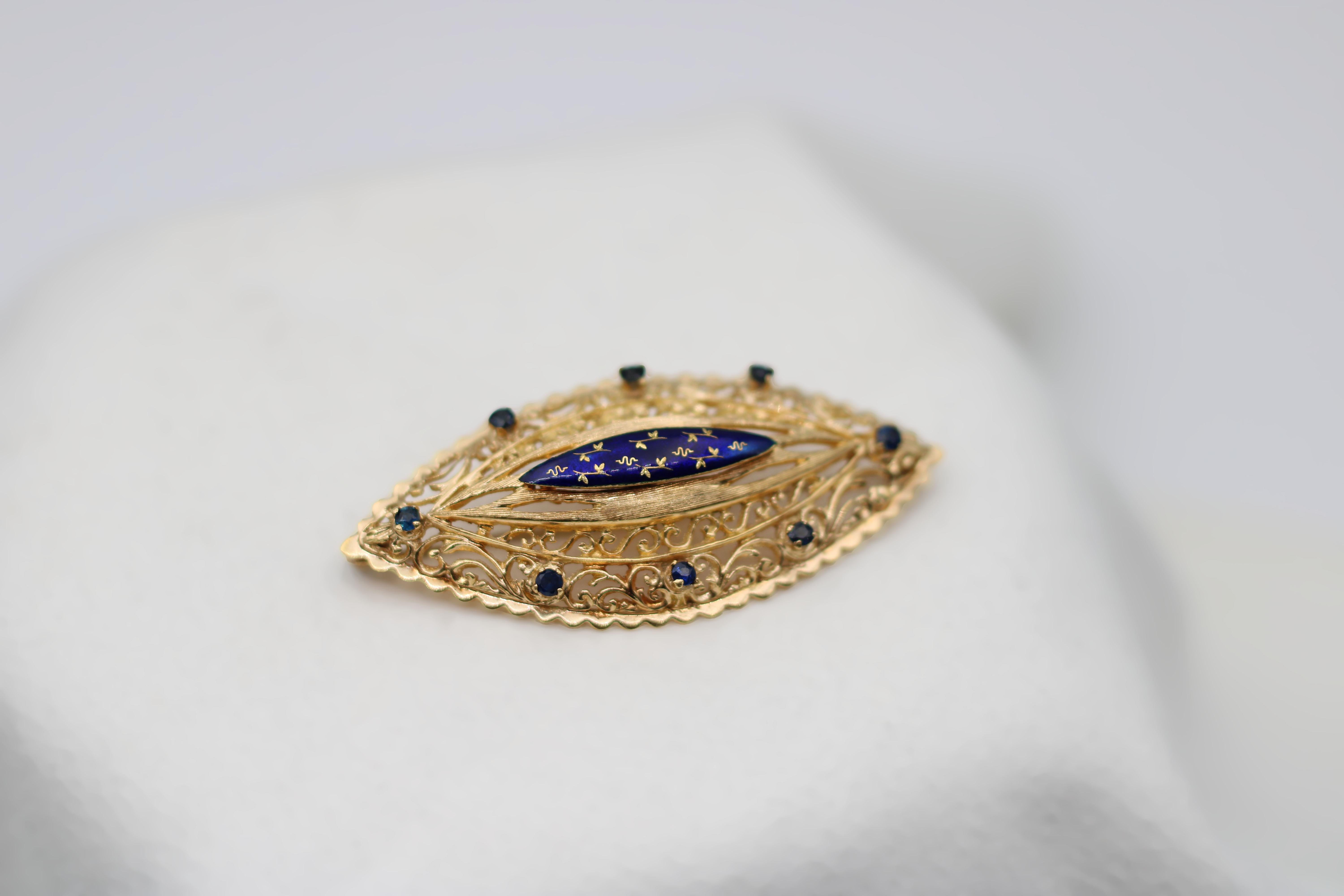 Round Cut A 1960s Blue Enamel, Sapphire & Gold Brooch For Sale