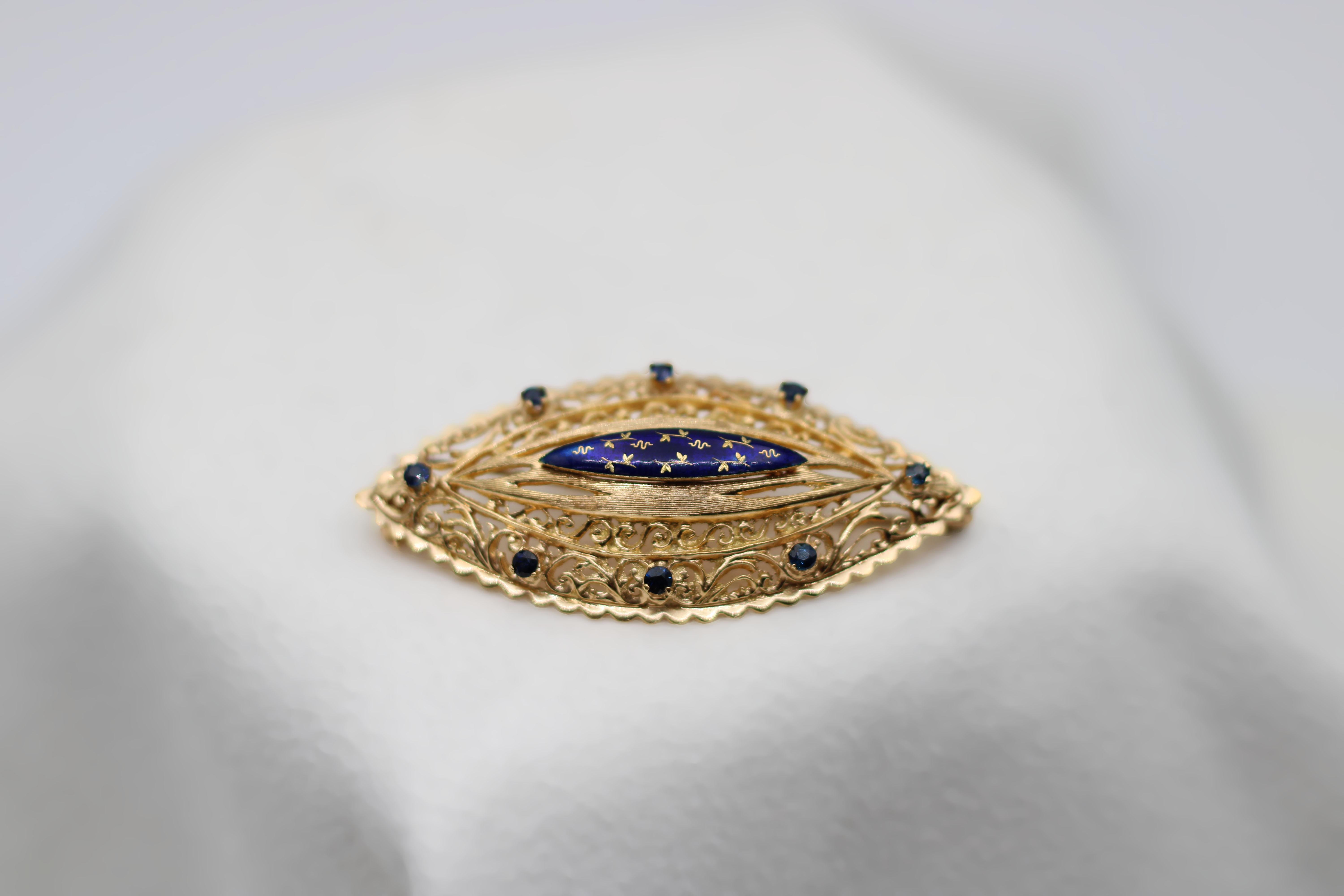 A 1960s Blue Enamel, Sapphire & Gold Brooch In Excellent Condition For Sale In New York, NY