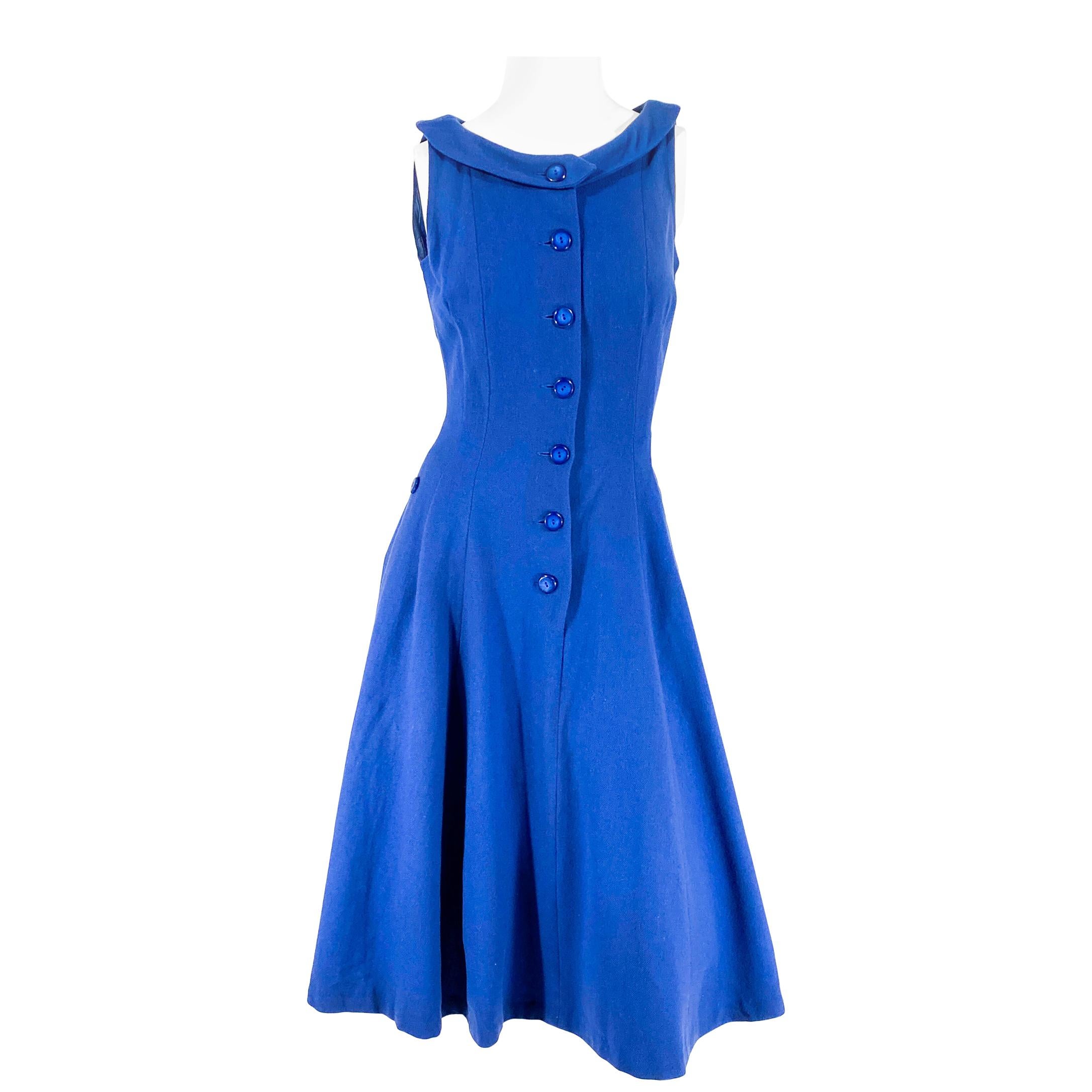 1960s Blue Fitted Wool Dress For Sale