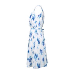 1960s Blue Floral Accordion Pleat Print Dress with Belt