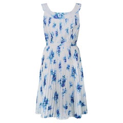 1960s Blue Floral Accordion Pleat Print Dress with Belt