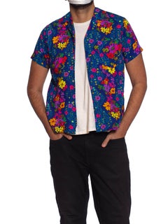 1960S Blue Floral Cotton Barkcloth Men's Hawaiian Shirt