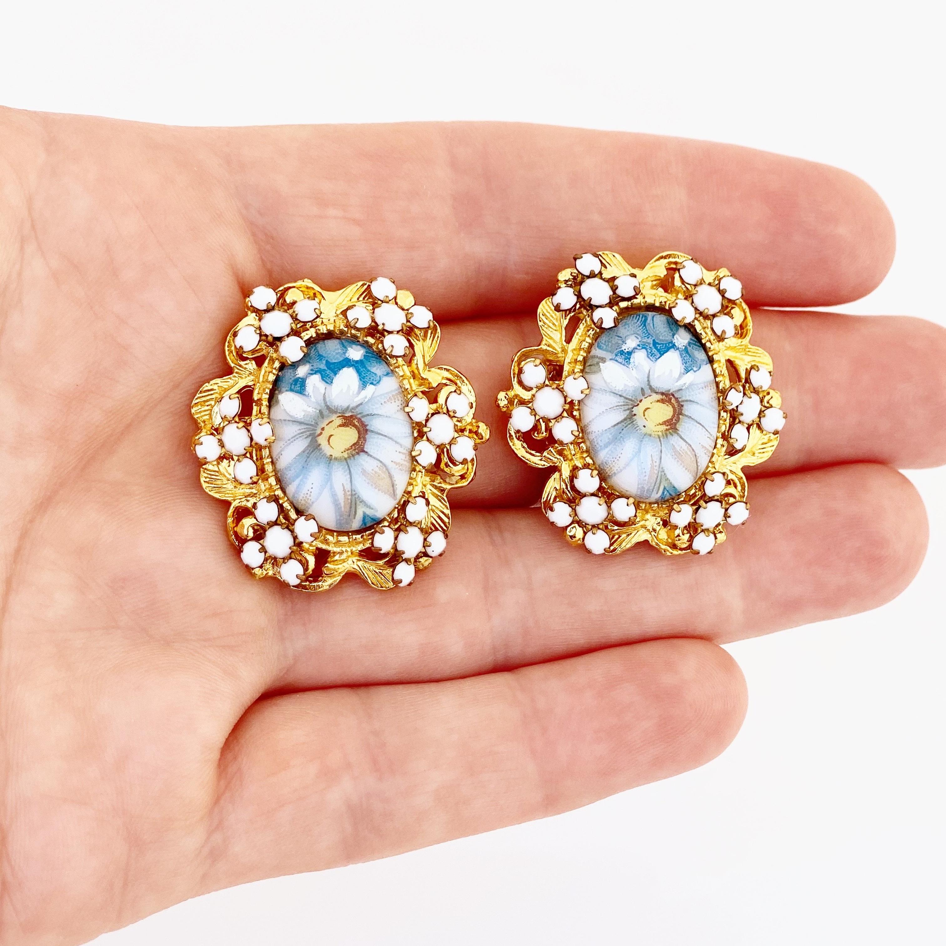 Modern 1960s Blue Floral Limoges Earrings With Milk Glass Rhinestones By Alice Caviness For Sale