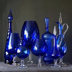 1960s Blue Glass Italian Empoli Set of Eight Genie Bottles Vases and Candy Jars